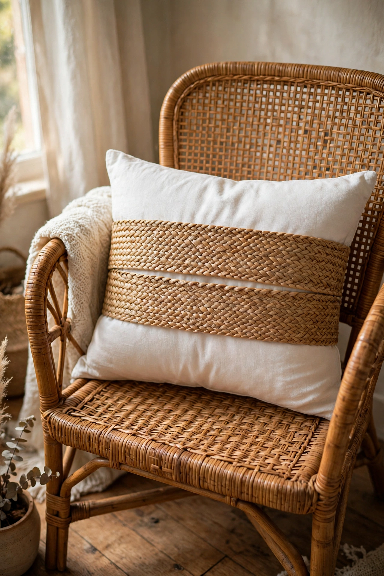 White lumbar pillow wrapped with seagrass placemats