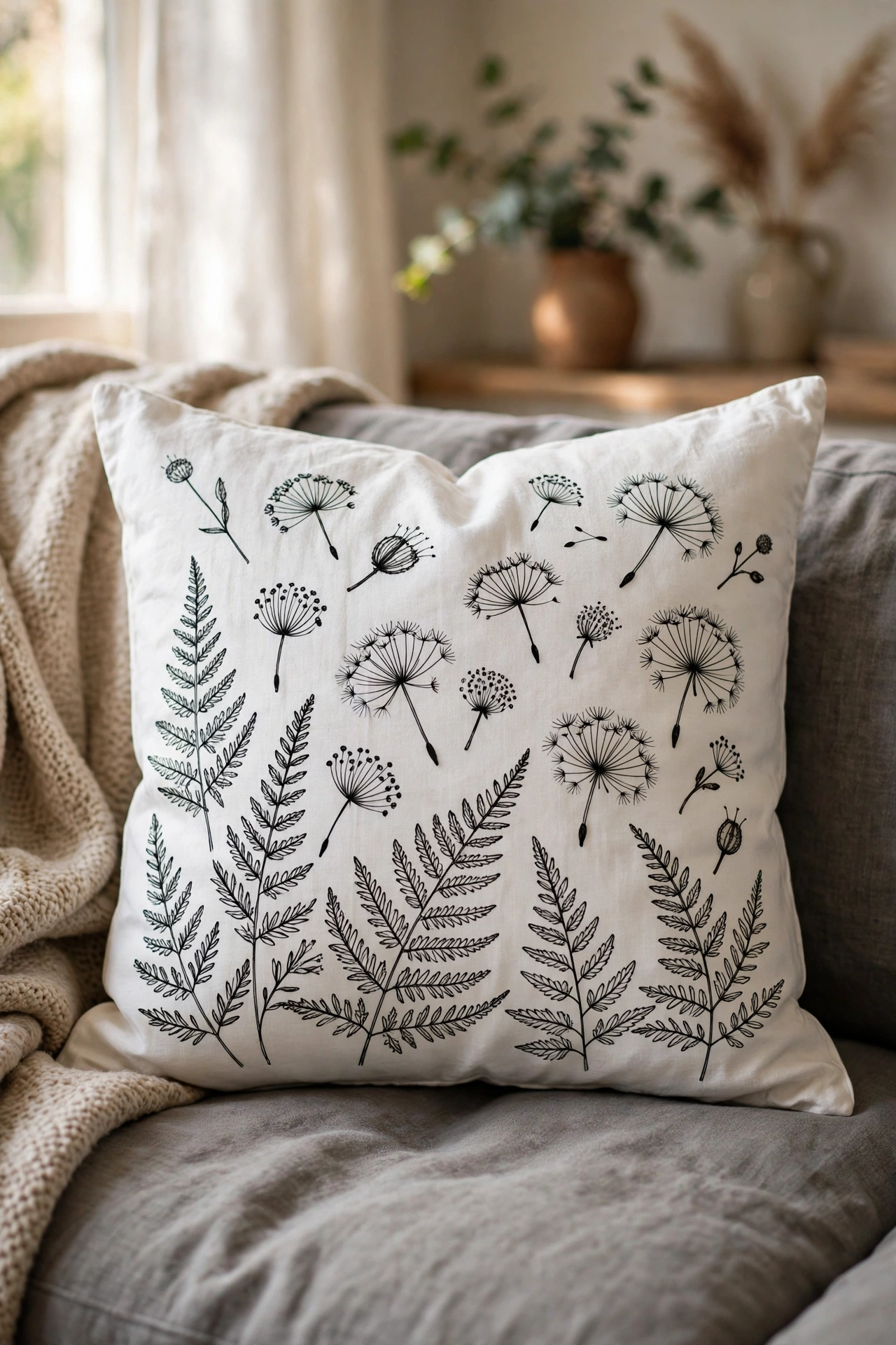 White cushion with hand drawn black botanical doodles