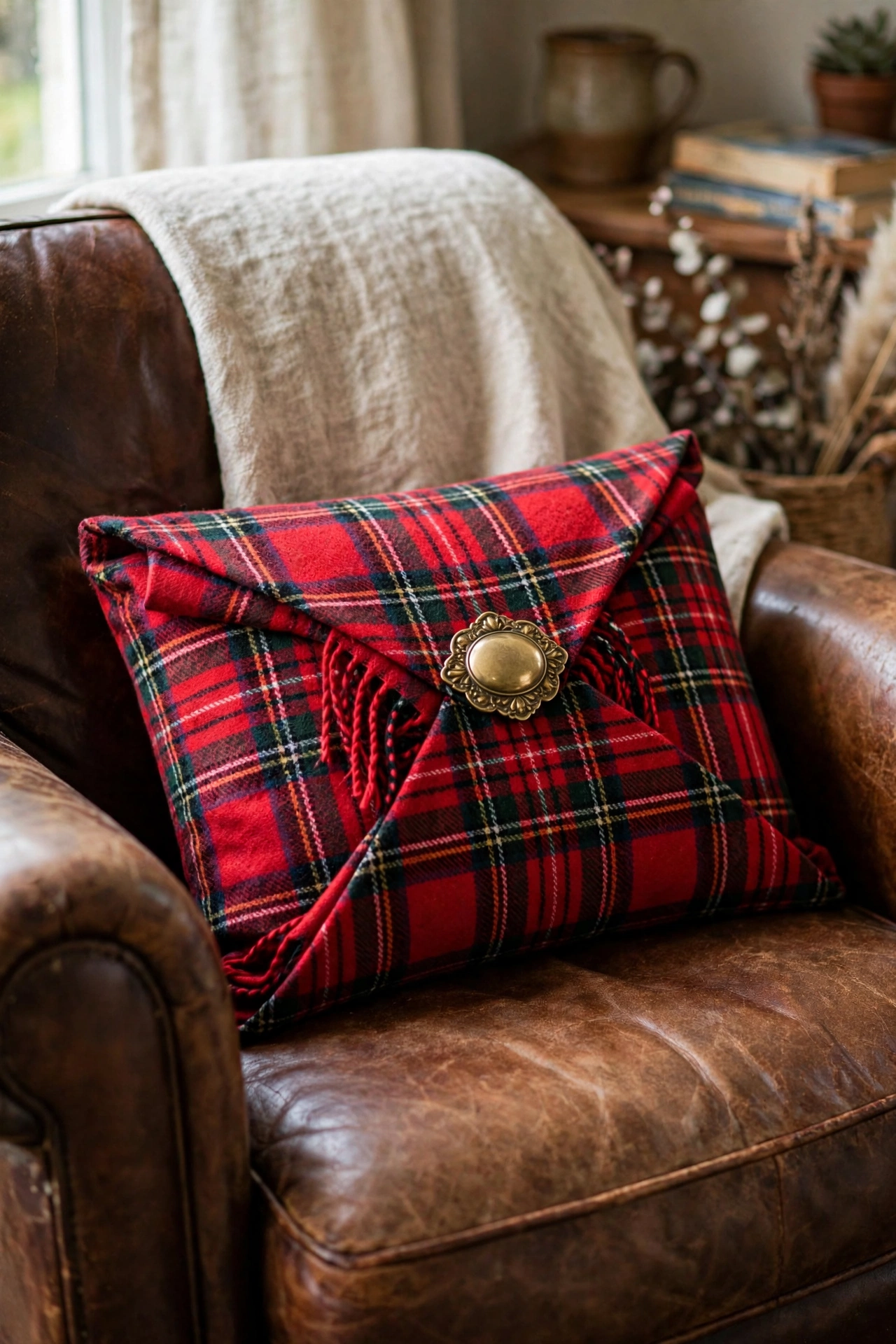 Tartan plaid scarf wrapped around a cushion with a brooch