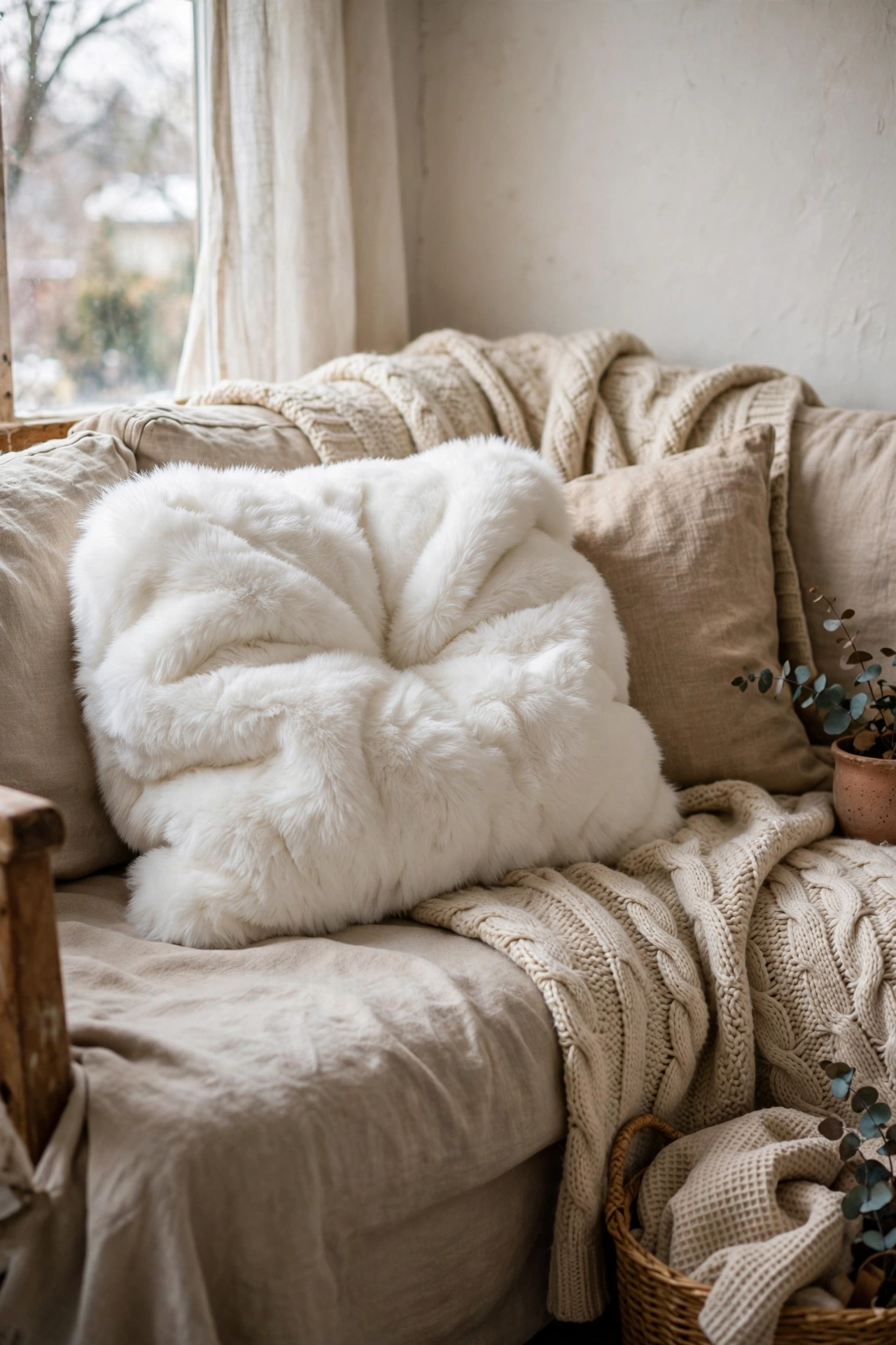 Plush white faux fur wrapped throw pillow on a winter sofa