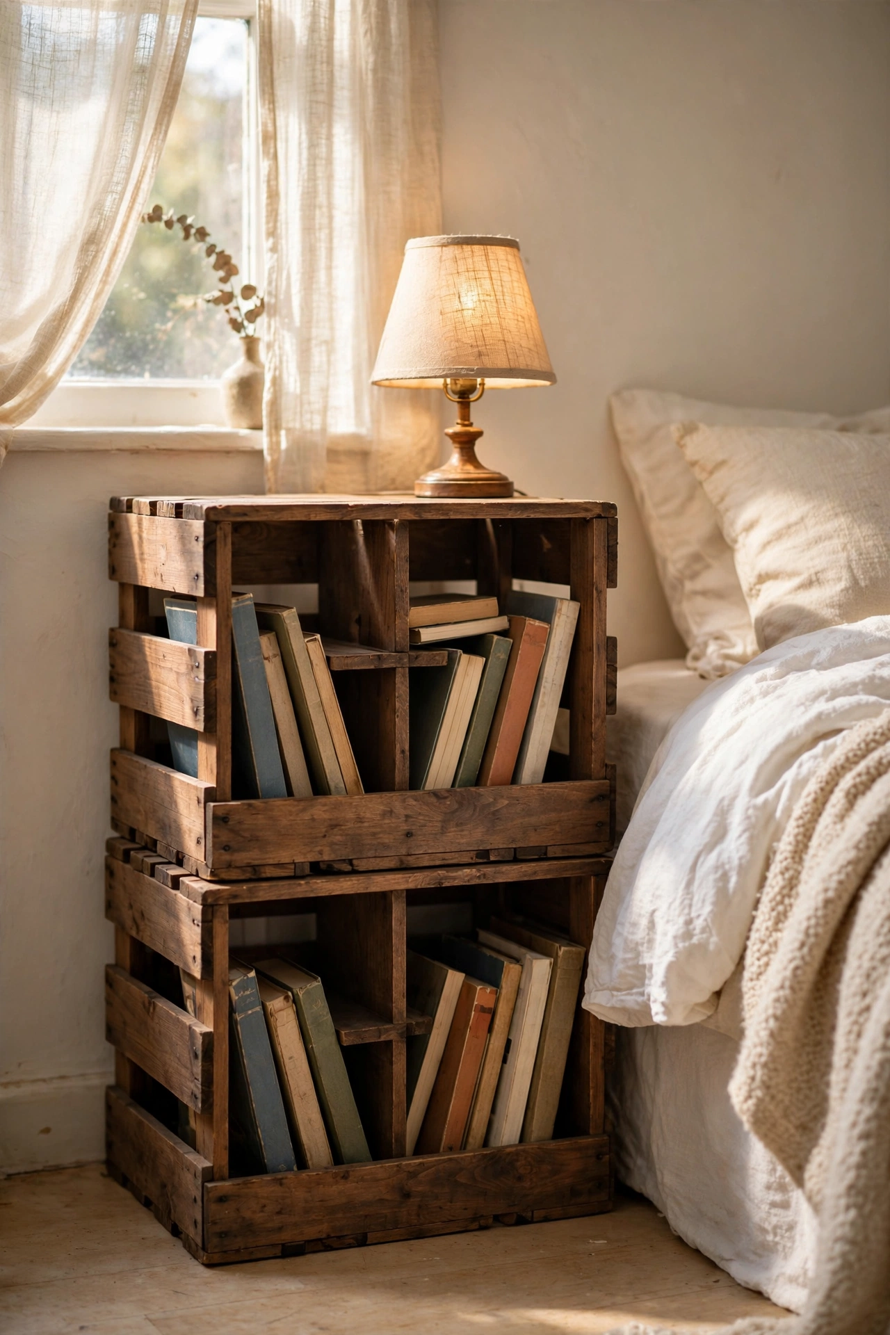 Two stacked wooden crates stained walnut as a nightstand with a lamp