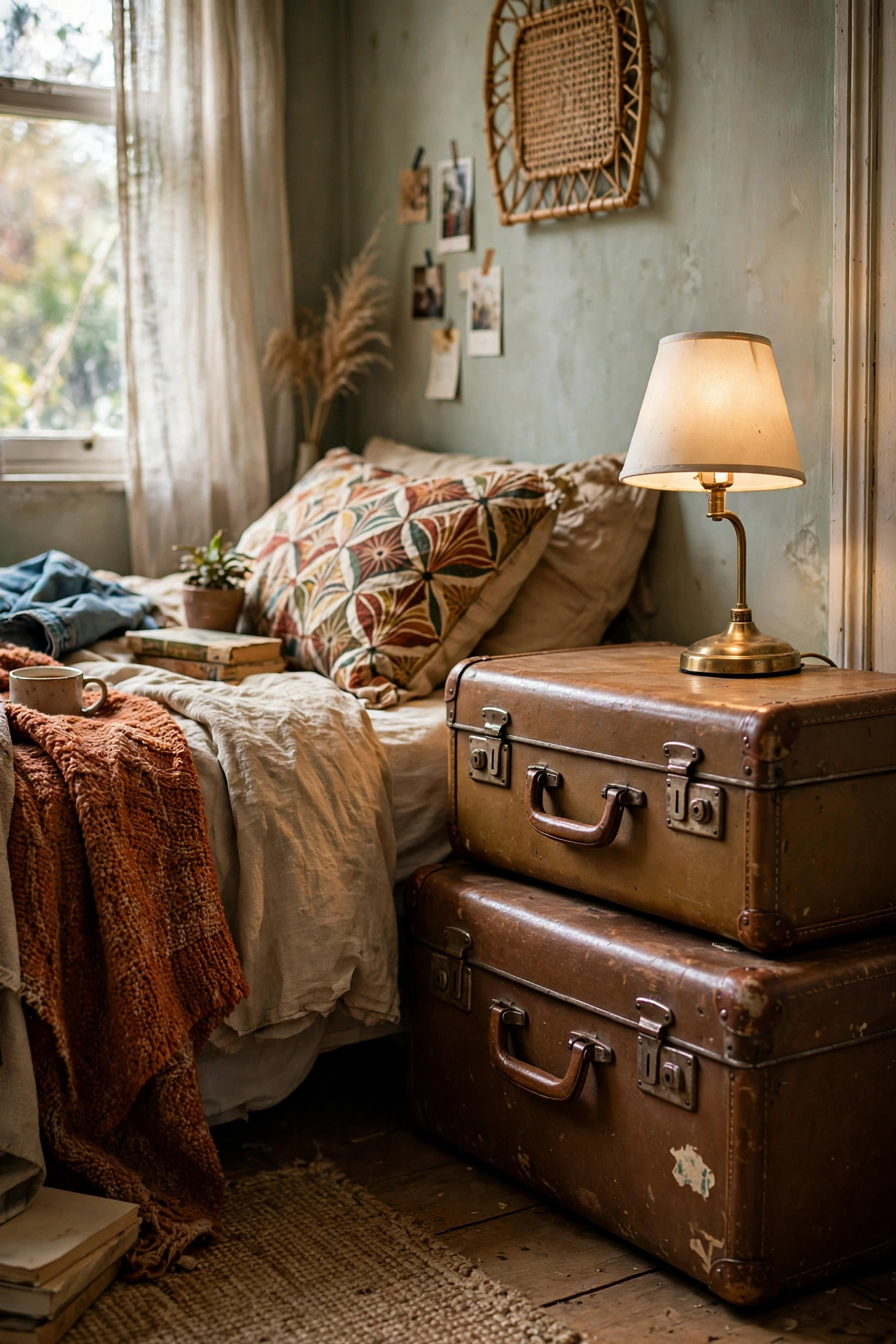 Stack of two vintage suitcases as a nightstand beside a bed