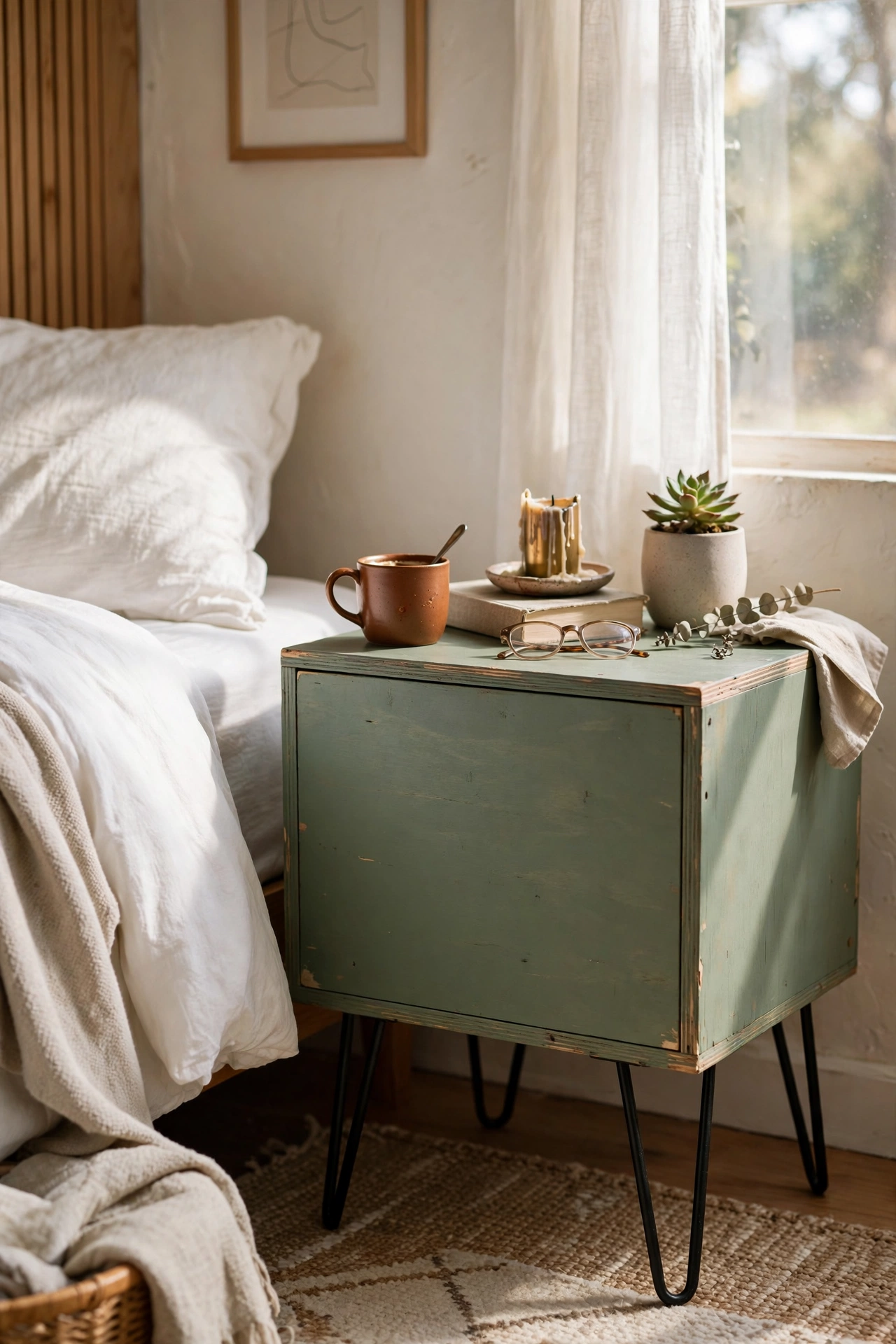 Sage green plywood box nightstand on mid century hairpin legs