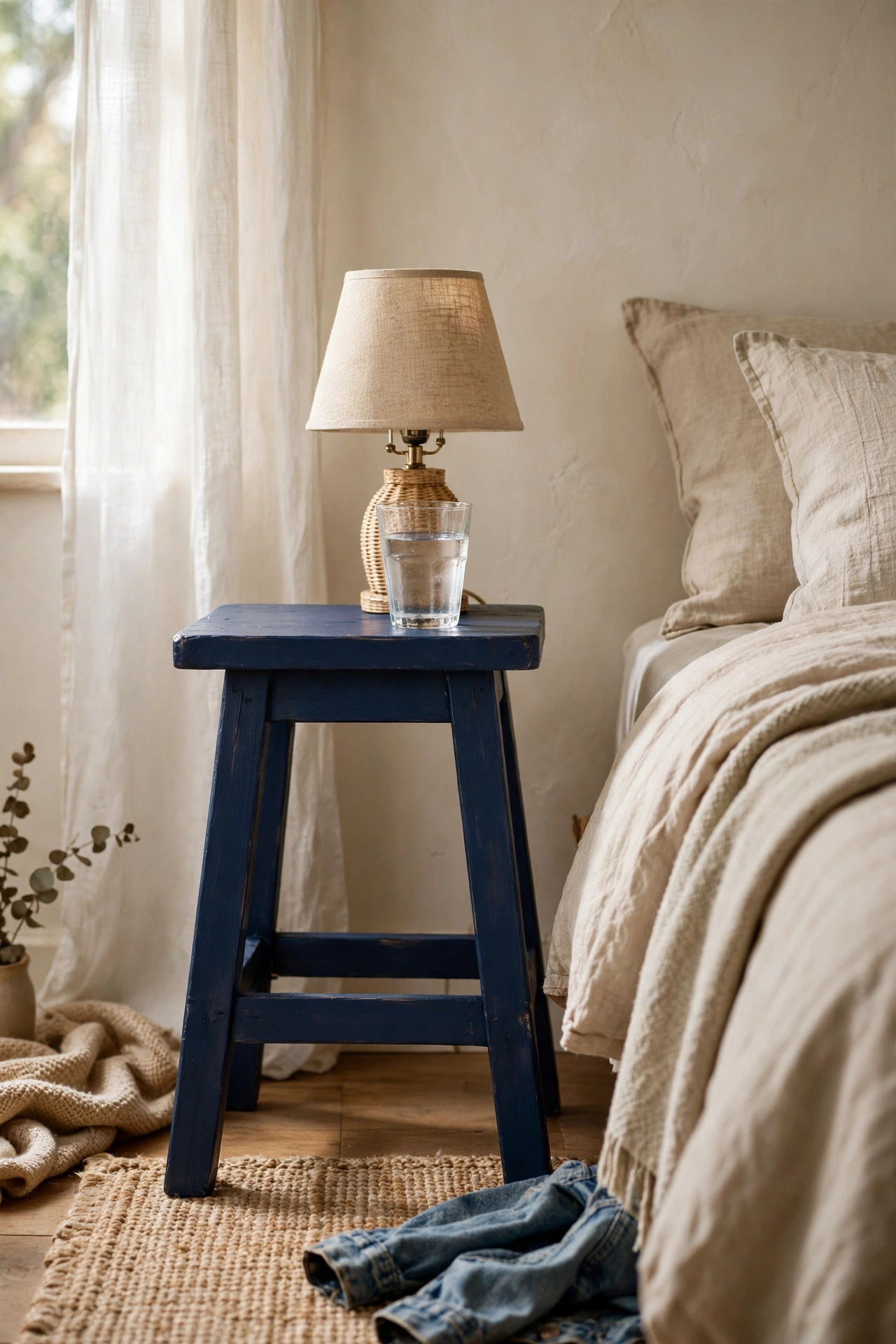 Navy painted wooden stool used as a bedside table