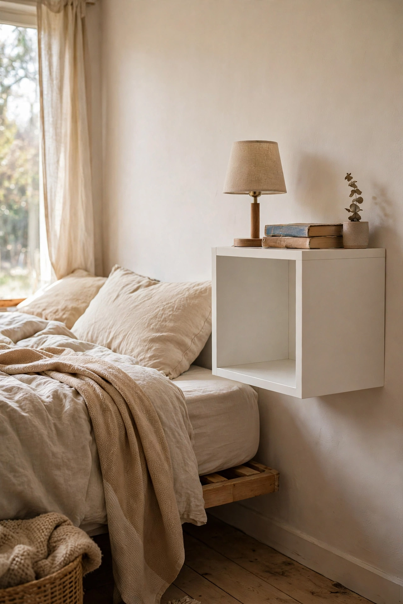 White cube shelf floating on a bedroom wall as a nightstand