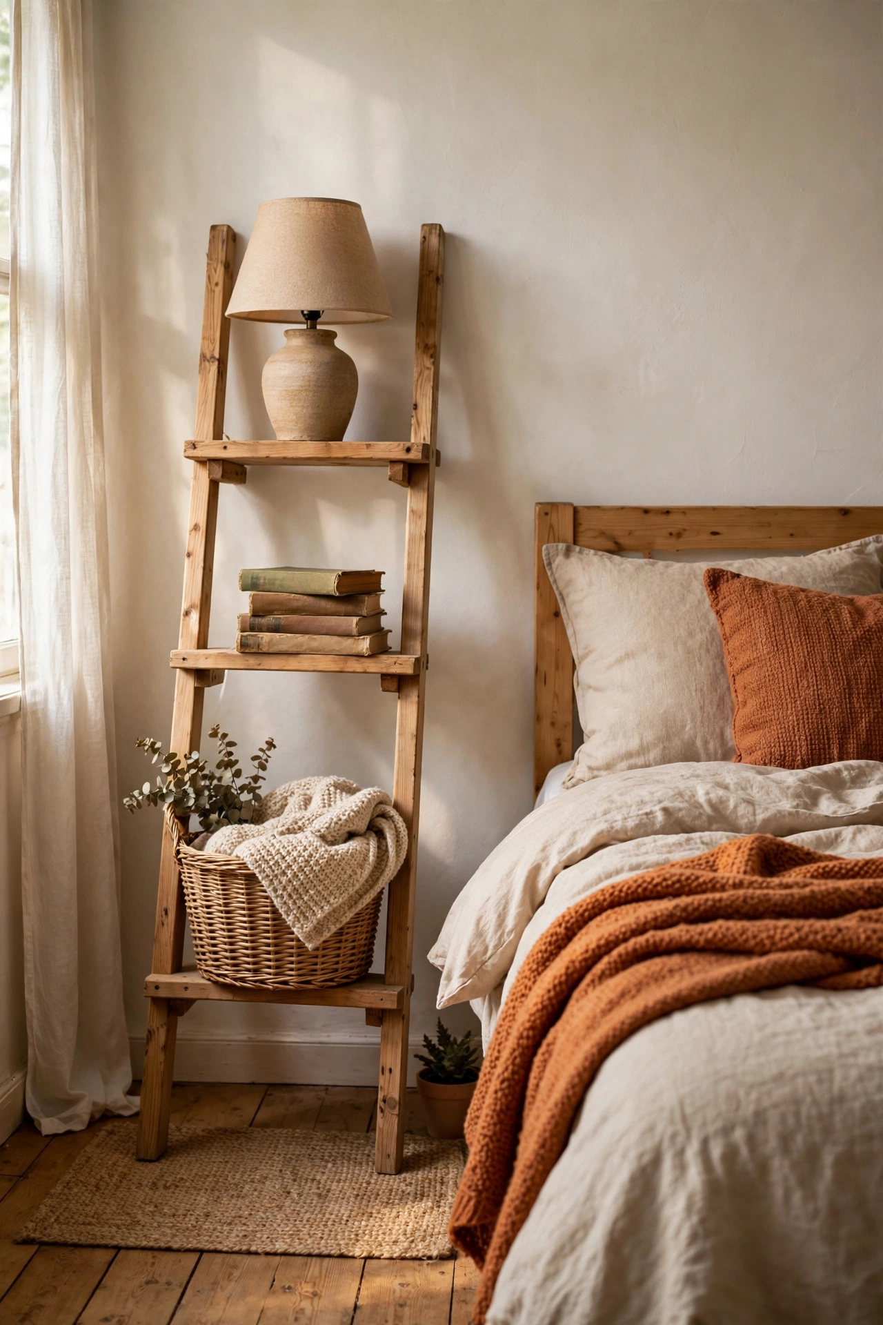 Small wooden ladder leaning against a wall as tiered bedside storage