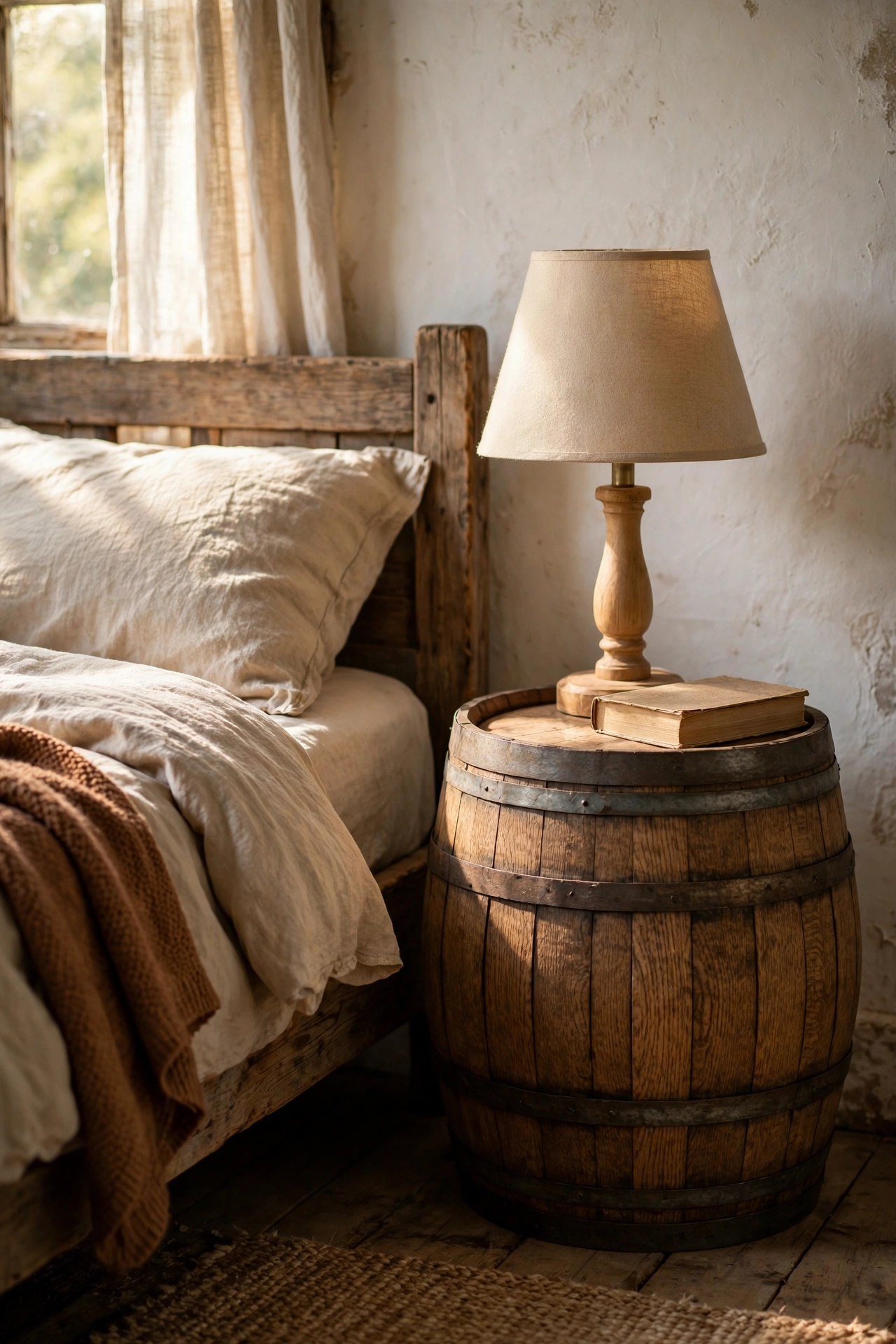 Small oak barrel used as a round nightstand with a lamp