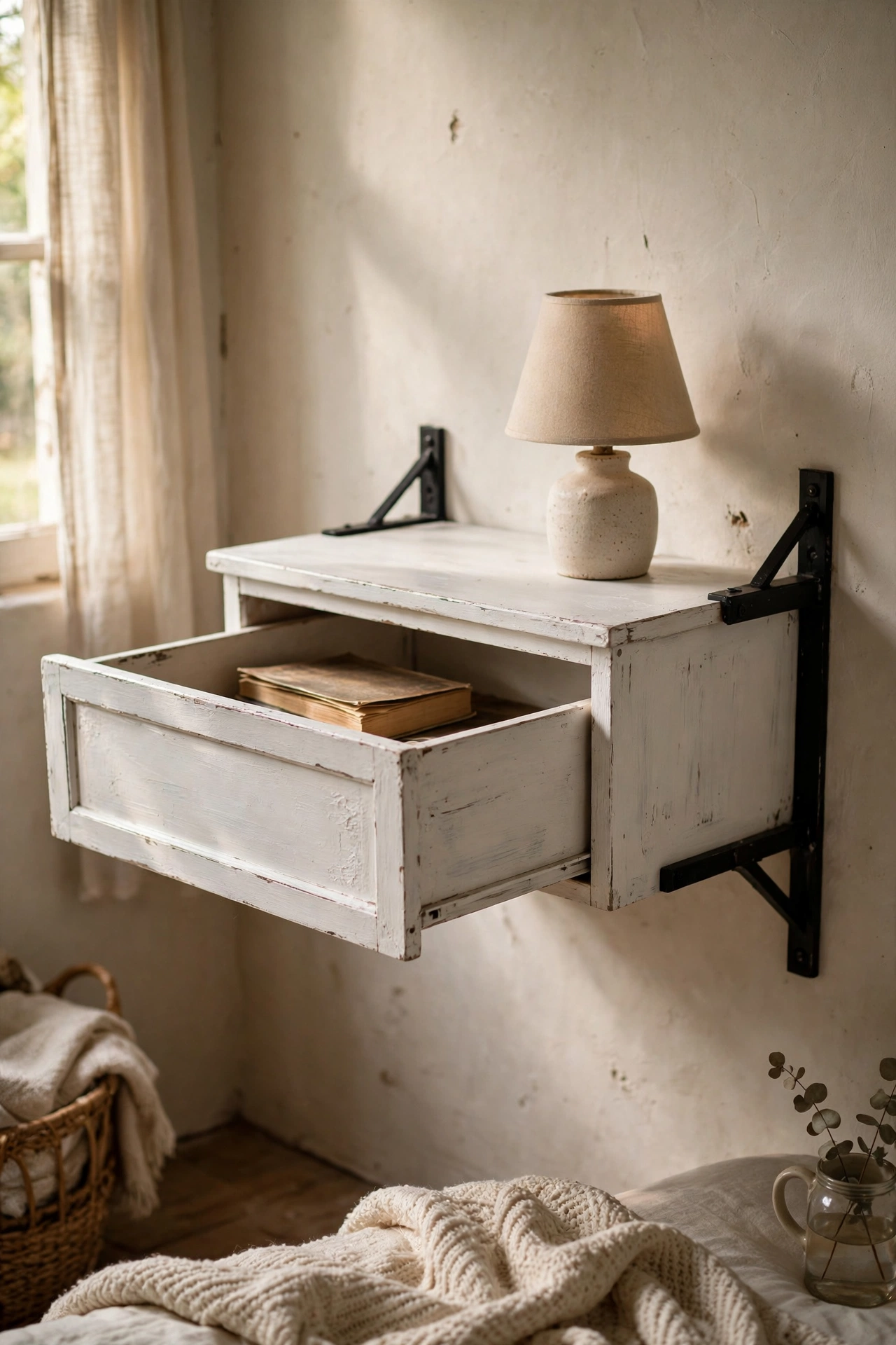 Repurposed dresser drawer mounted on wall brackets as a nightstand