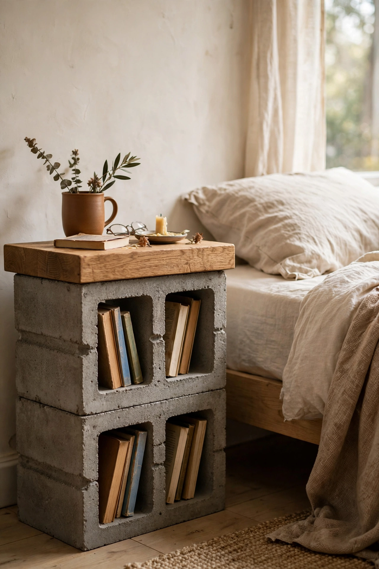 Industrial nightstand of concrete blocks with an oak plank top
