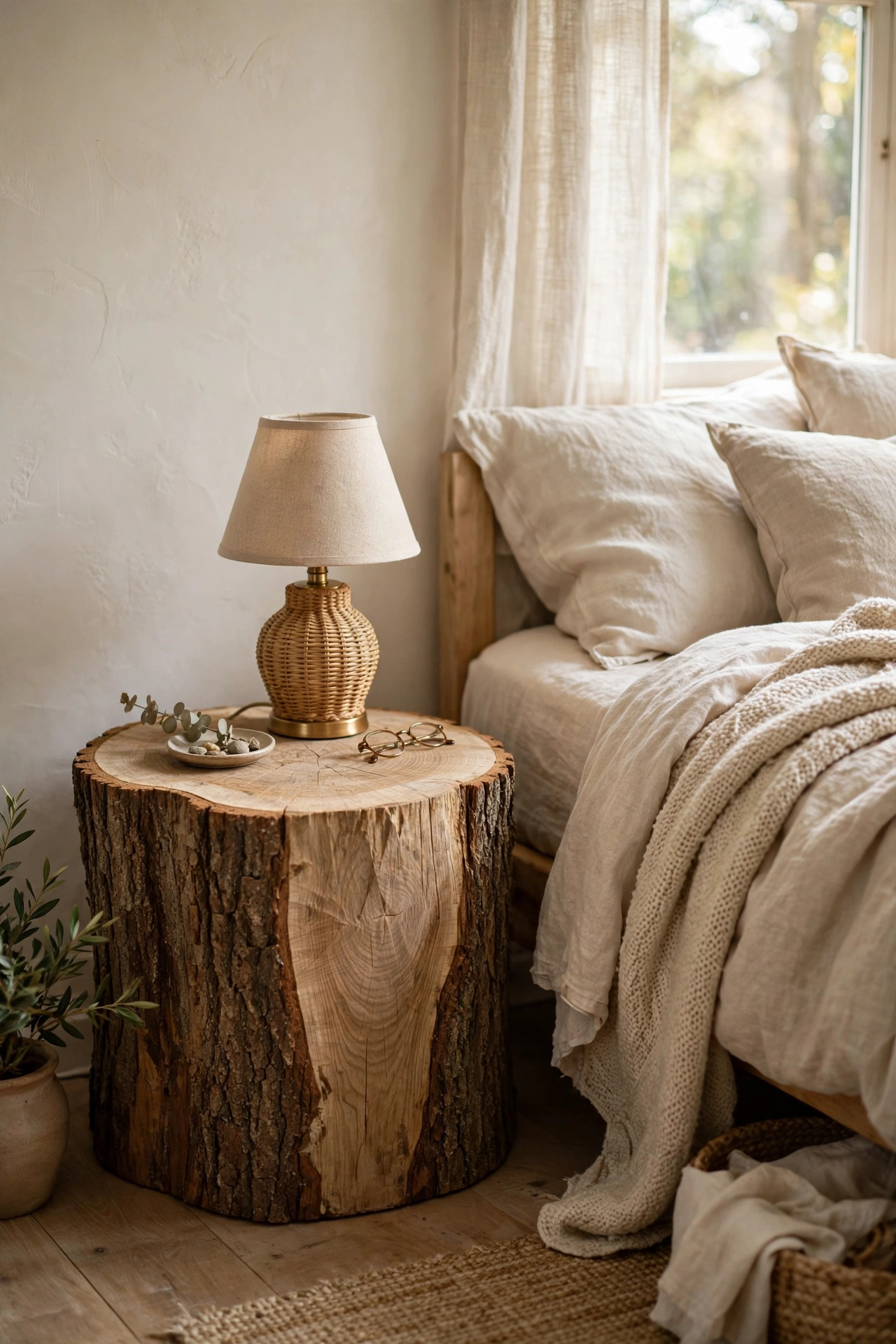 Natural tree stump nightstand with a lamp beside a bed