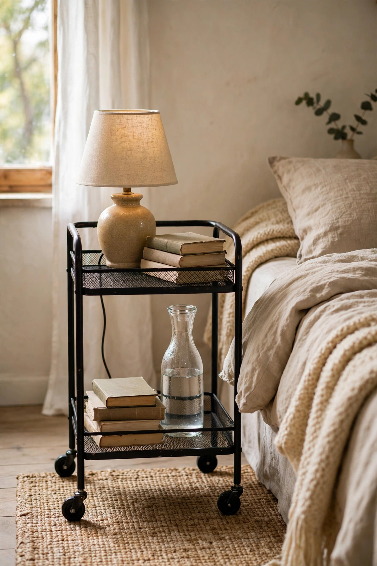 Black two tier rolling cart as a movable nightstand