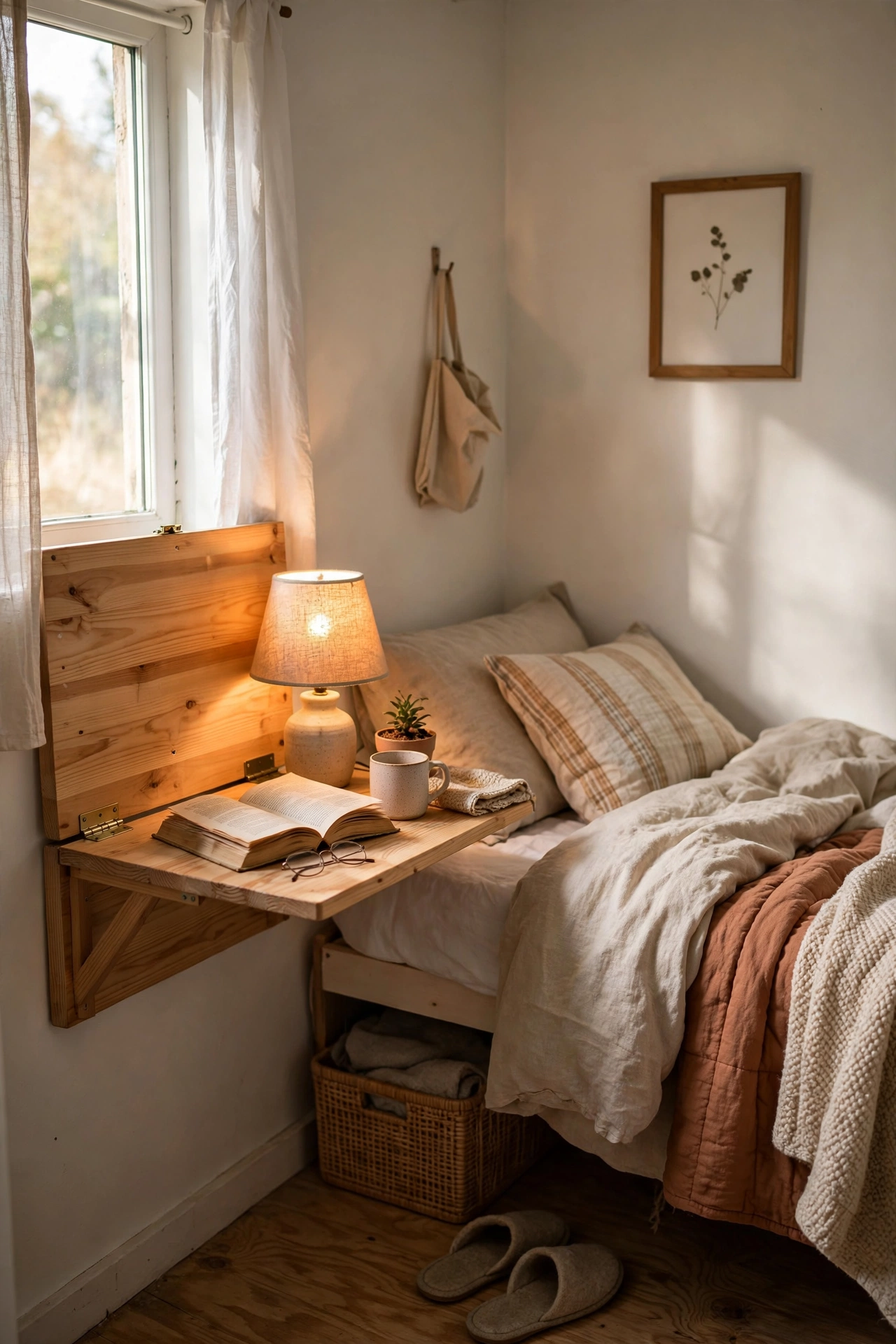 Fold down pine wall table as a space saving nightstand