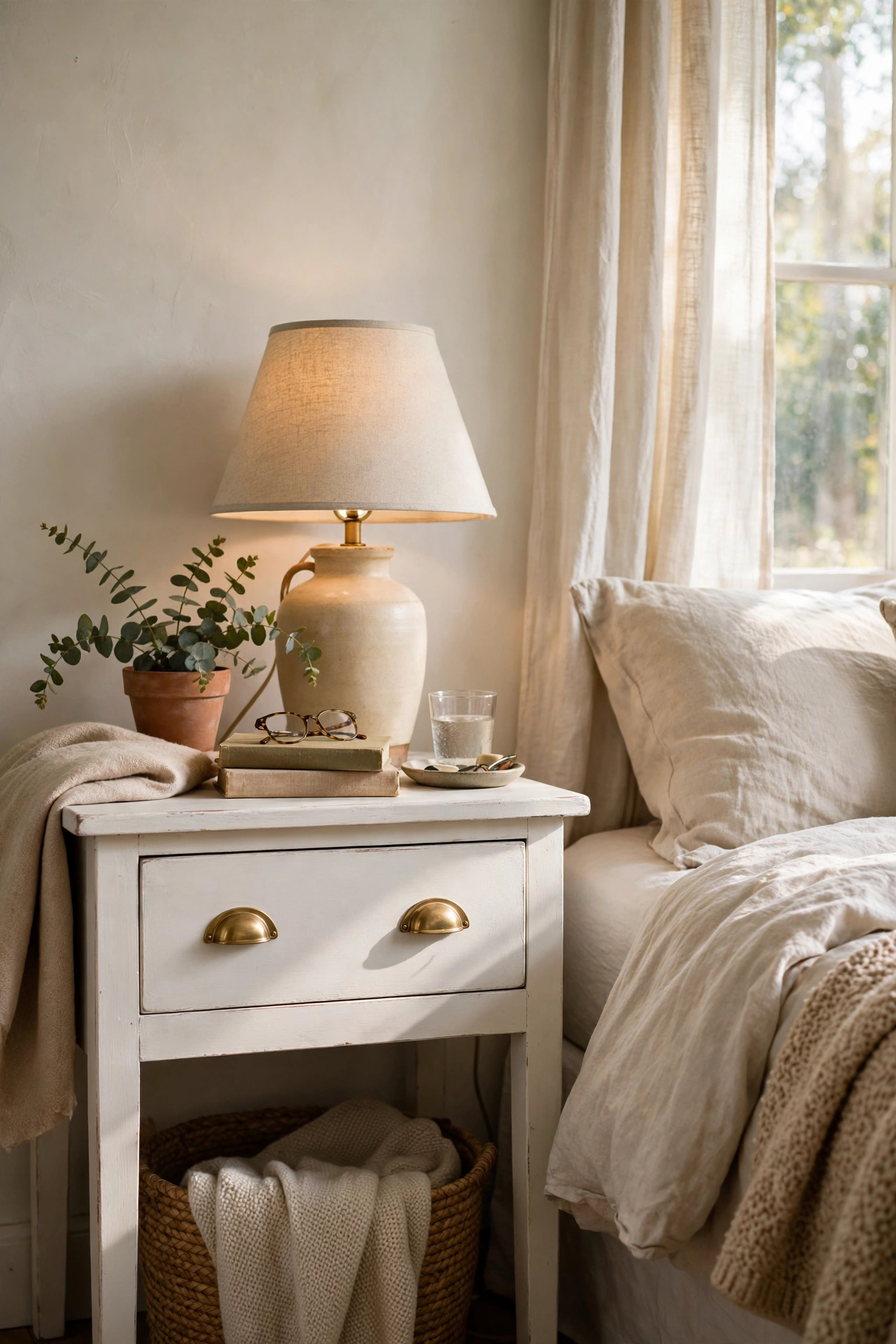 Thrifted side table painted warm white with brass cup pulls