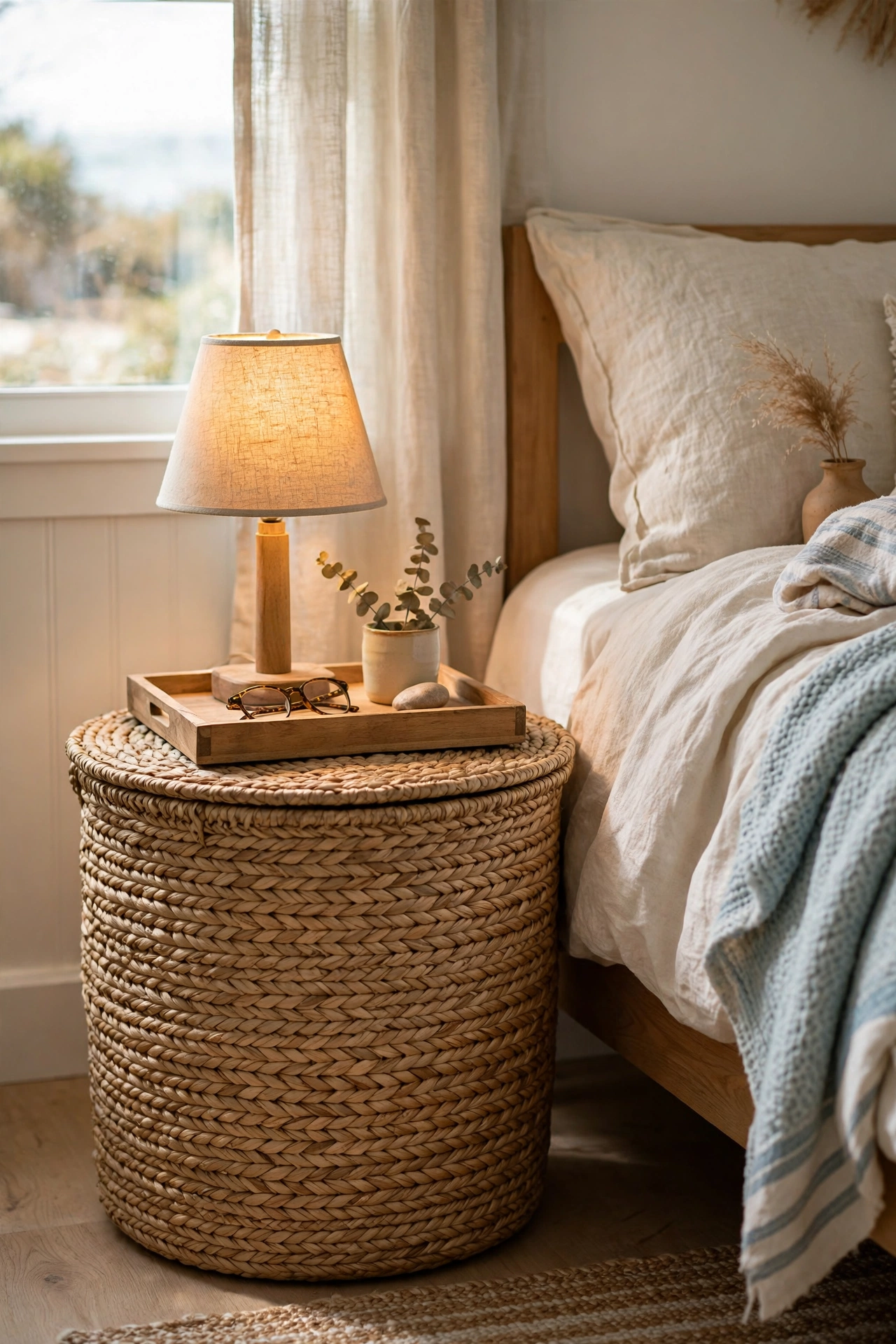 Large lidded seagrass basket as a coastal nightstand