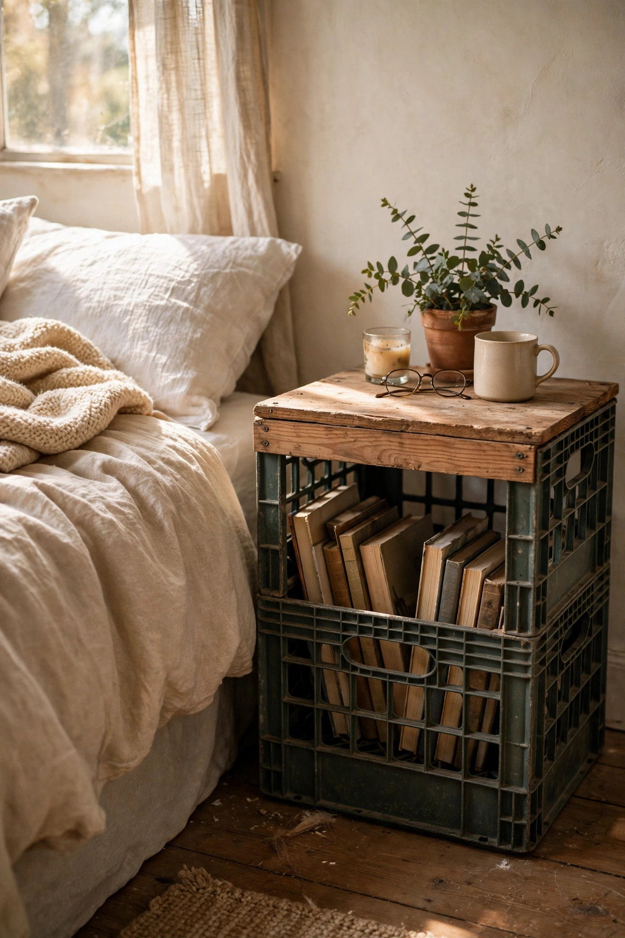 Vintage milk crate with a pine board top as a nightstand