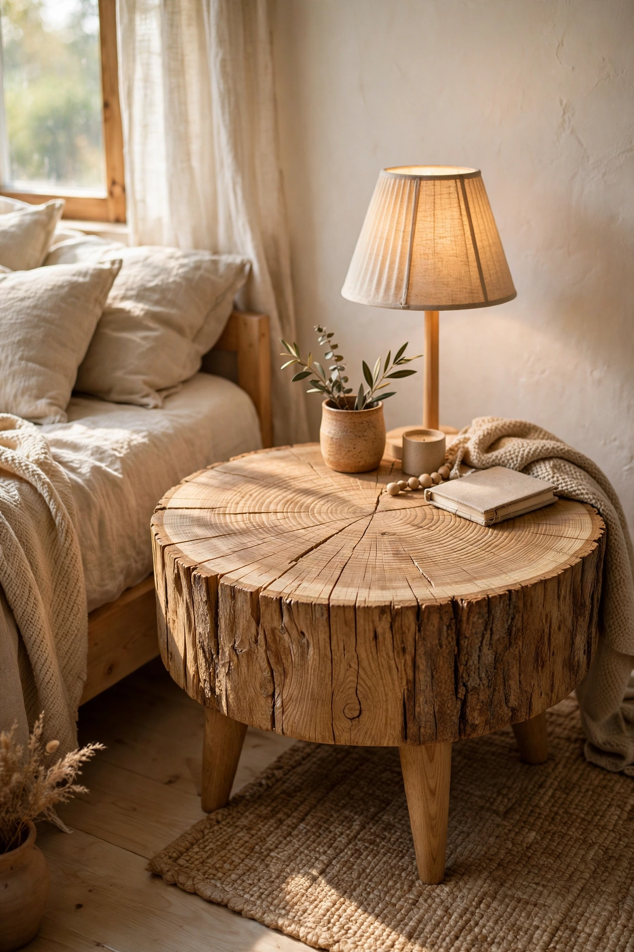 Thick oak log slice on tapered legs as a round nightstand