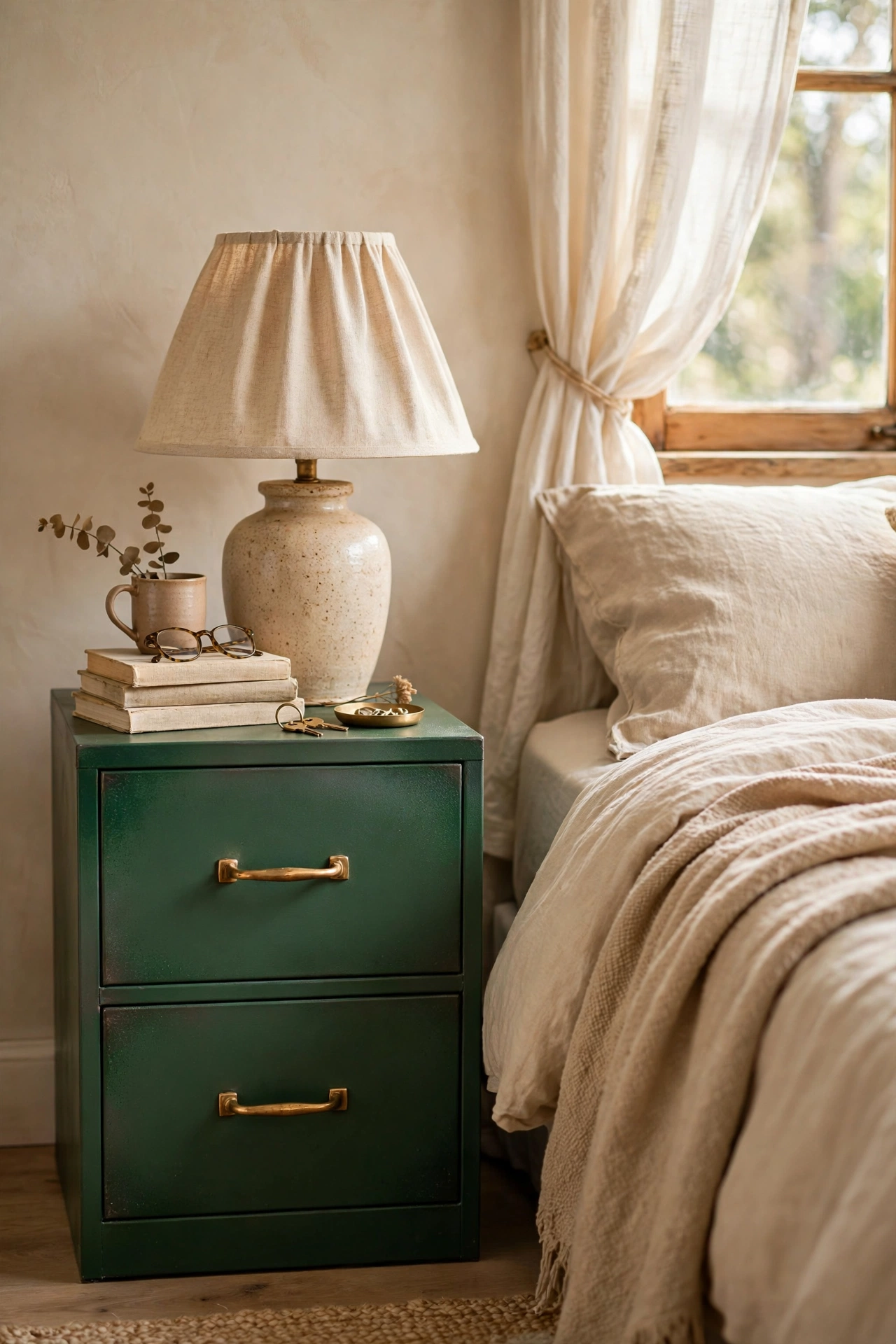 Deep green painted filing cabinet with brass handles as a nightstand