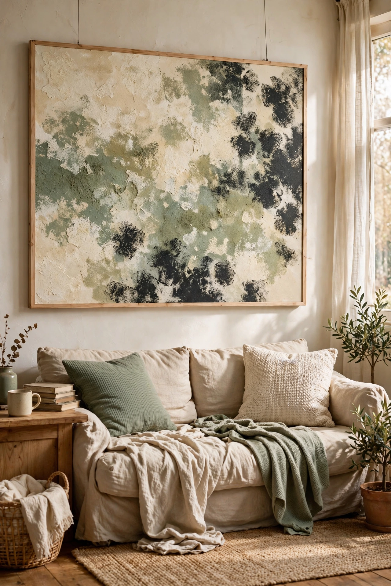 Large abstract canvas painted with a sponge in cream sage and charcoal