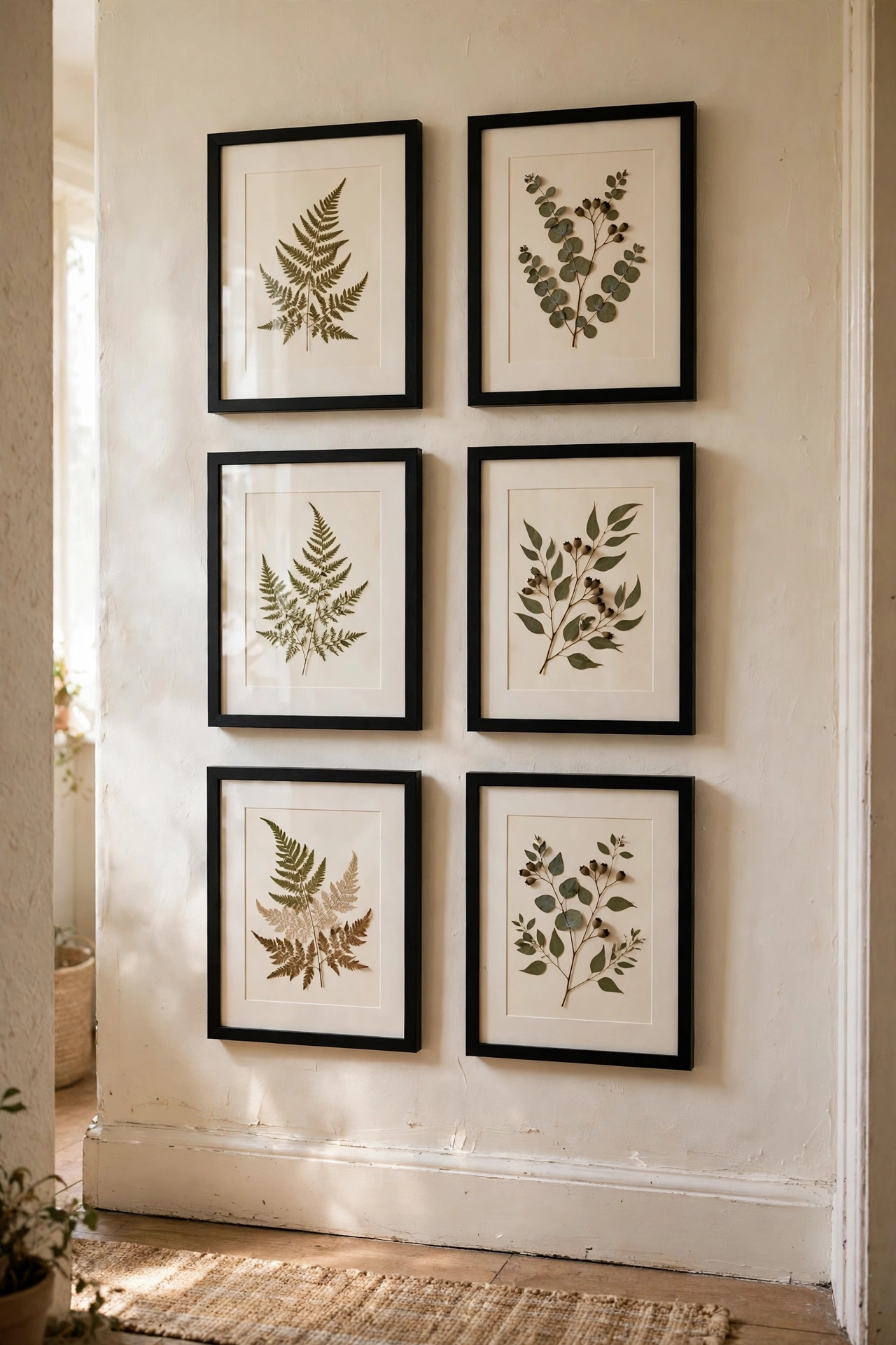 Six matching frames with pressed ferns and eucalyptus in a grid