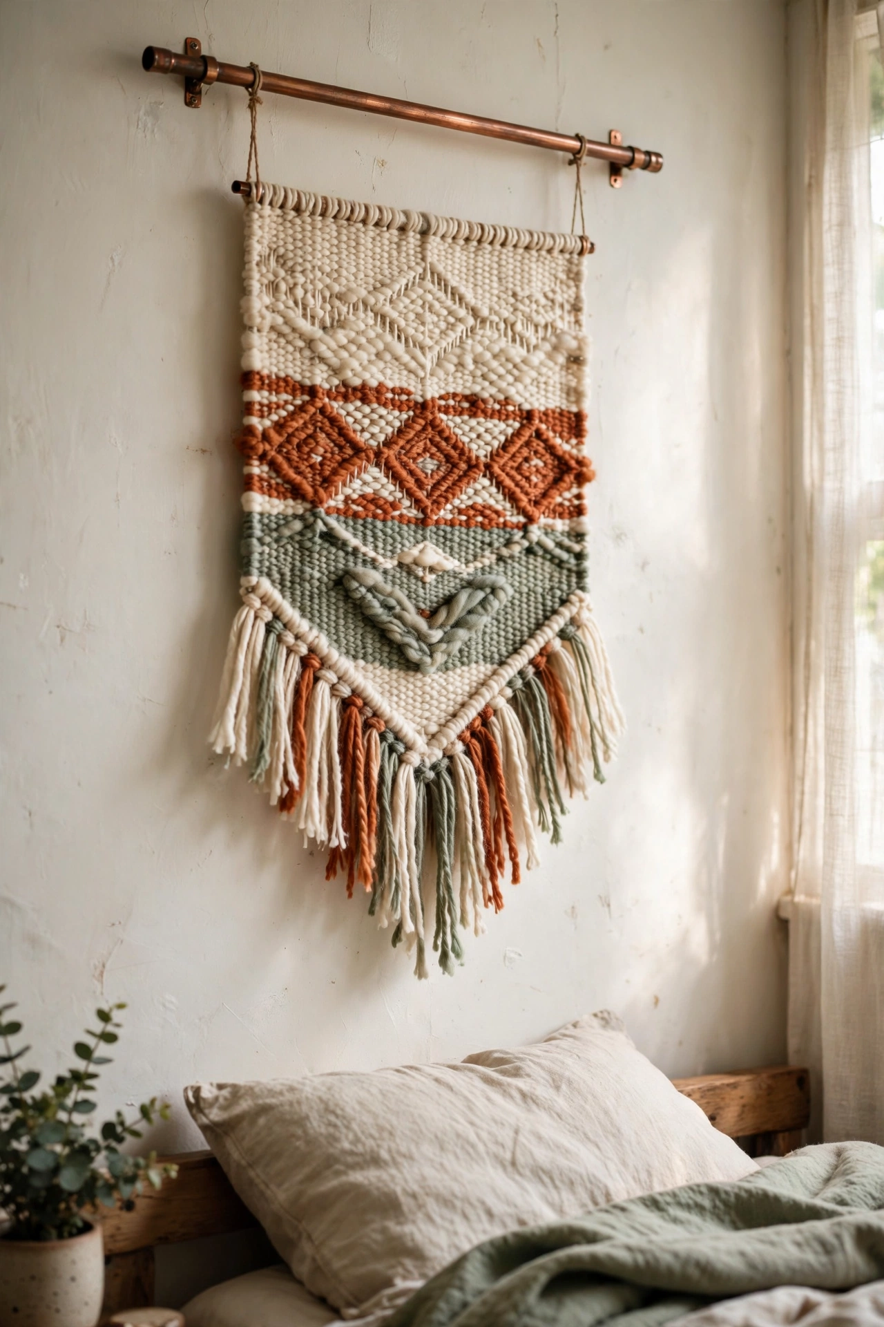 Woven yarn wall hanging in cream rust and sage on a copper pipe