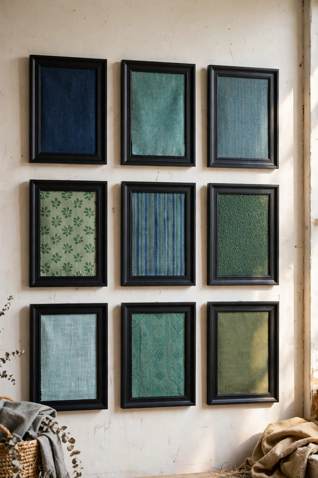 Nine black frames with fabric swatches in blues and greens in a grid