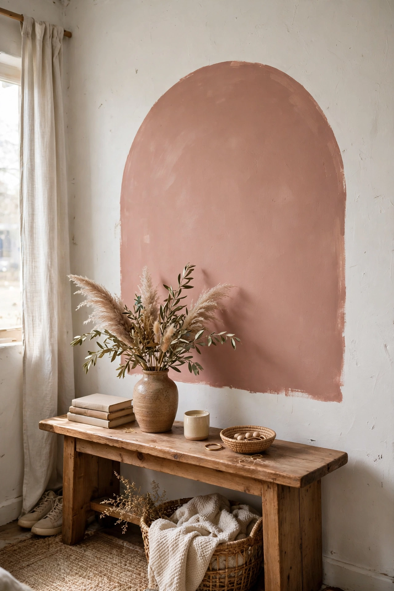 Large clay pink painted arch mural behind a hallway console