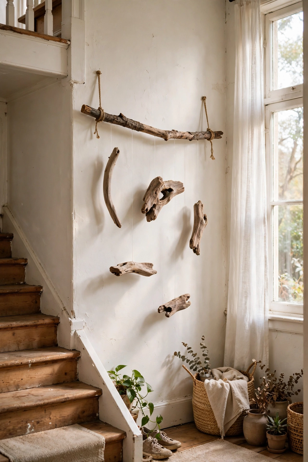 Driftwood pieces hanging at staggered heights from a branch
