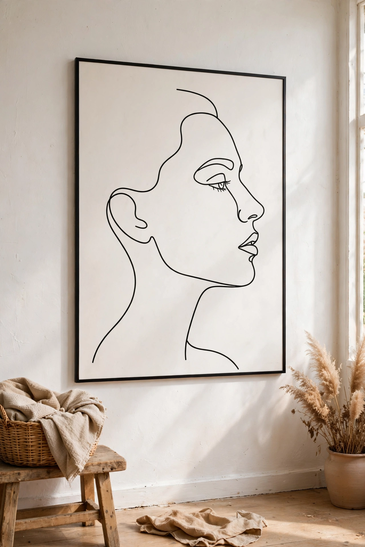 Oversized black continuous line face drawing poster in a thin frame
