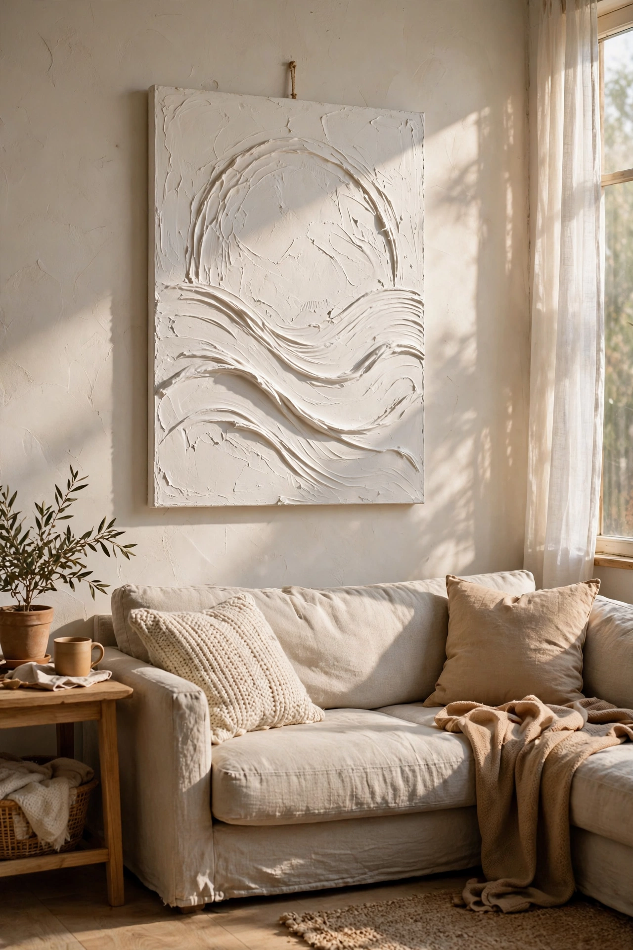 Textured white plaster art canvas with troweled arches