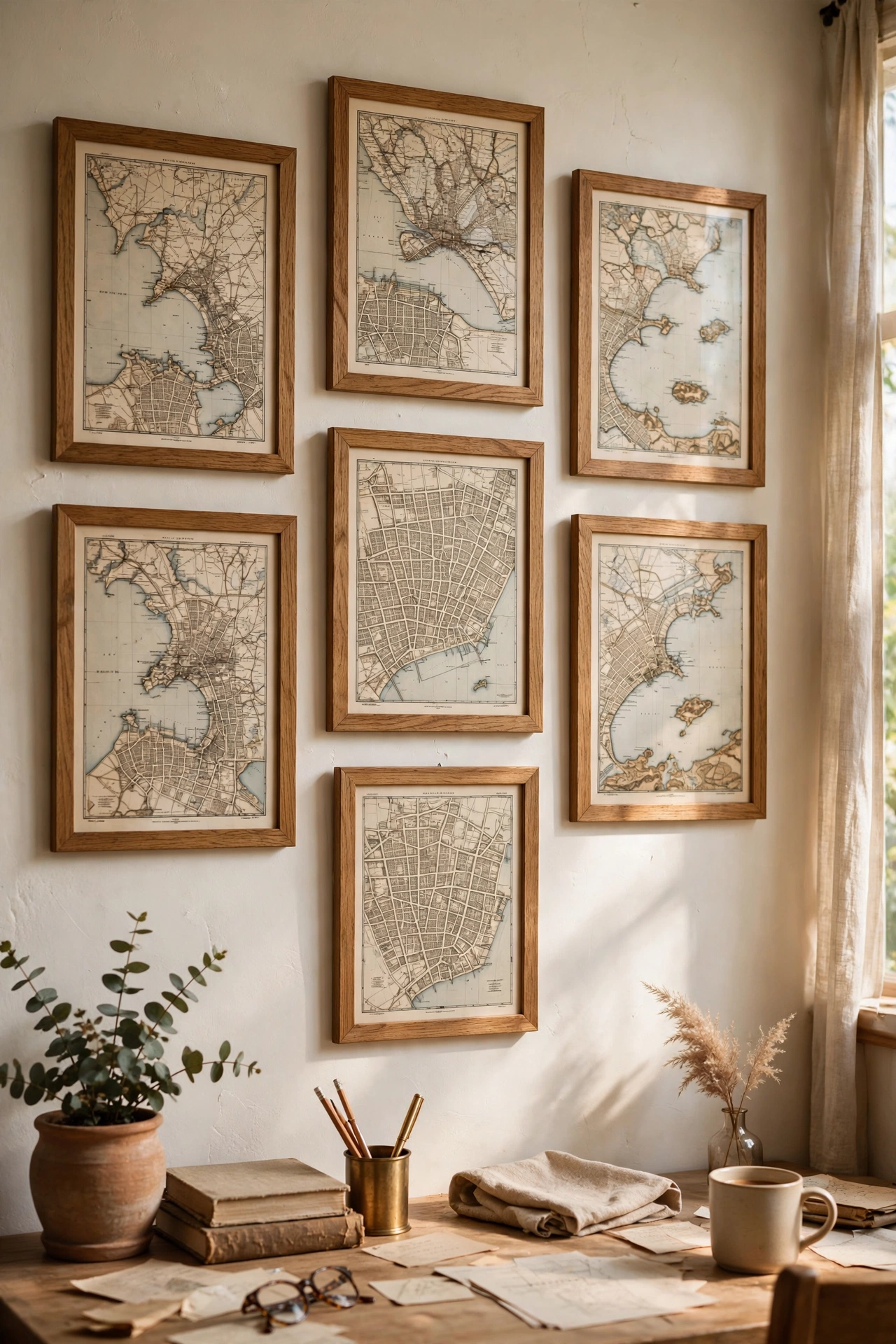 Gallery wall of vintage maps in matching oak frames