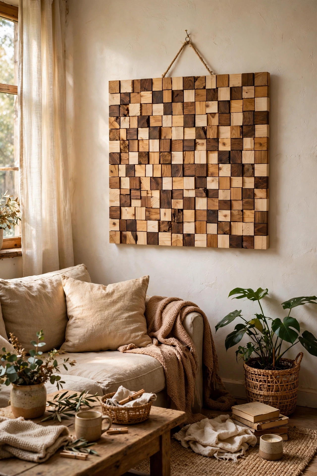 Mosaic panel of stained wood squares in four tones