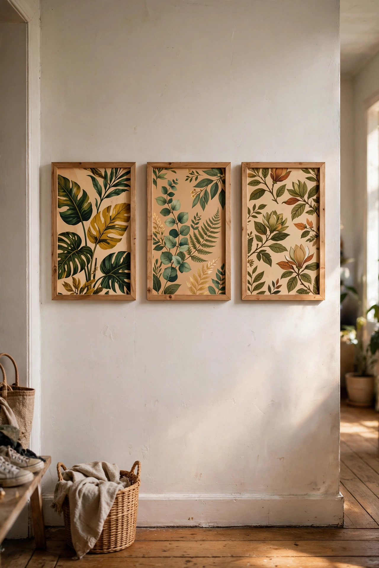 Three framed designer wallpaper samples with botanical prints