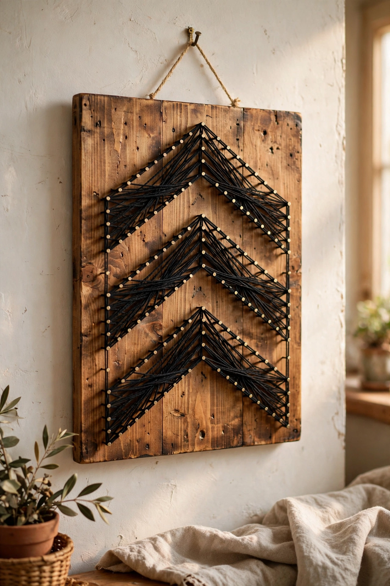 Geometric string art chevron on a stained pine board