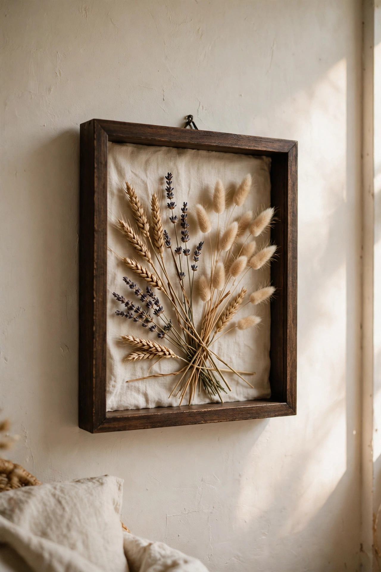 Shadow box frame with dried lavender wheat and bunny tails