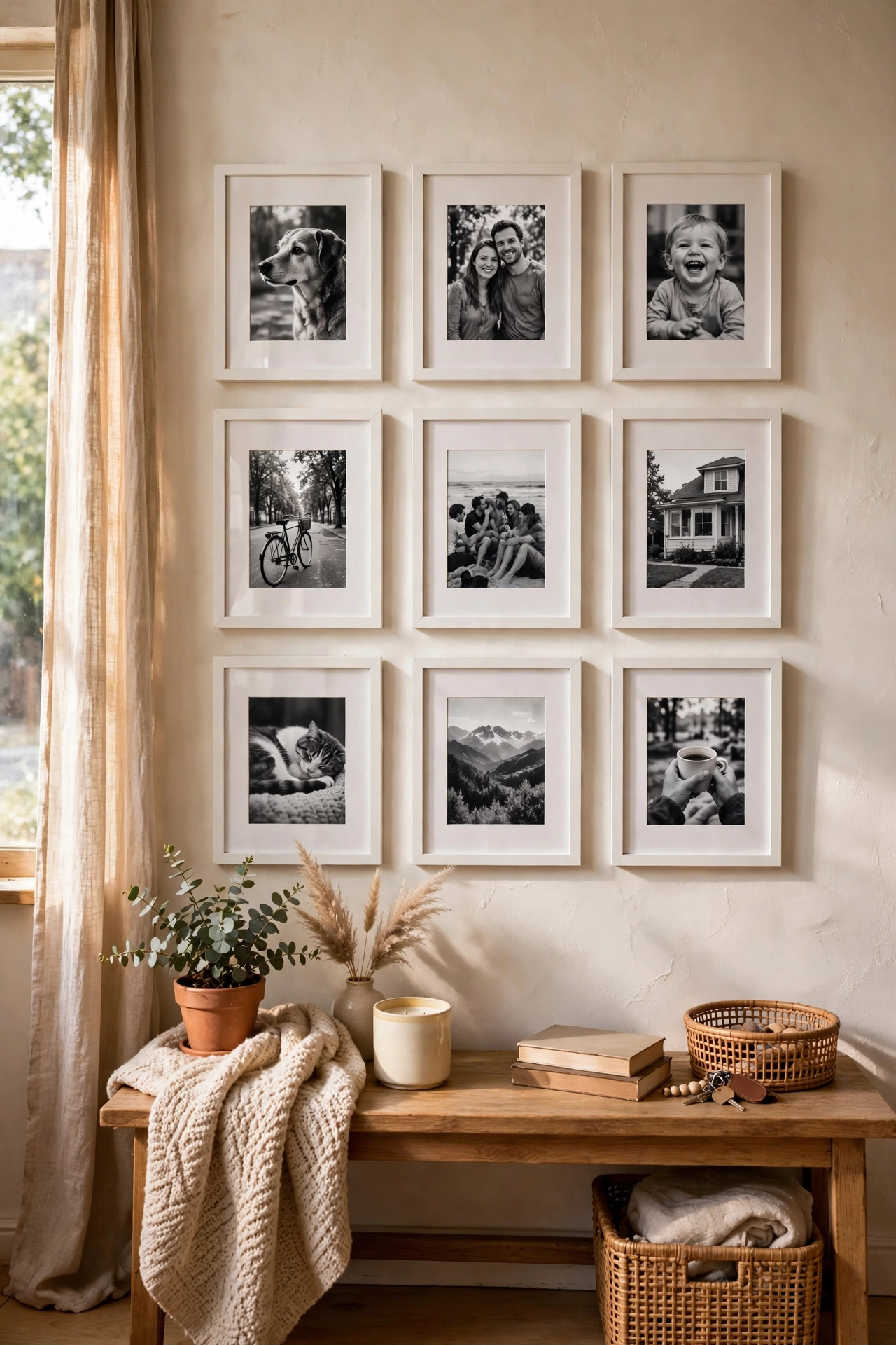 Nine white frames with black and white photos in a tight grid