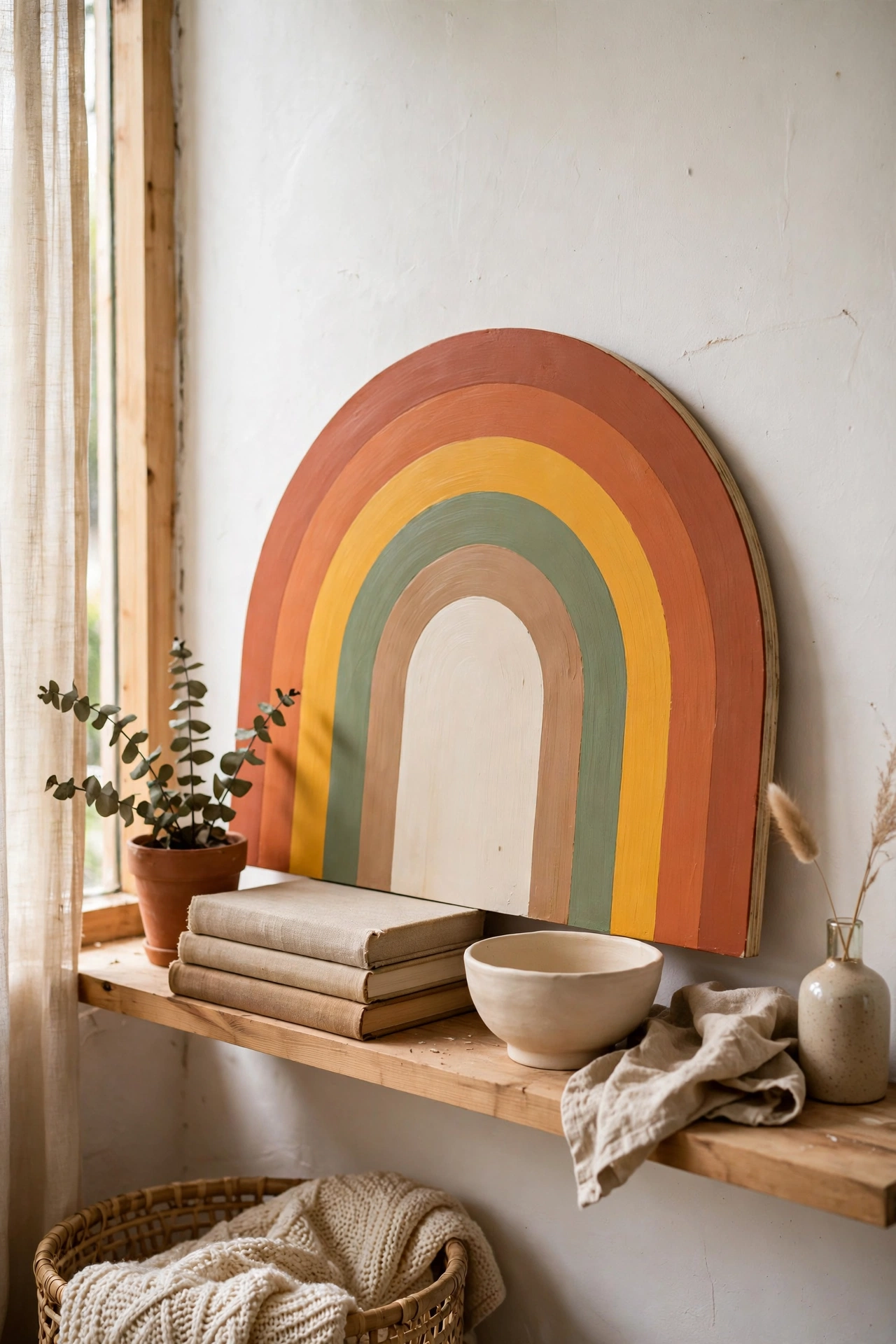 Plywood rainbow arch painted in terracotta mustard sage and cream