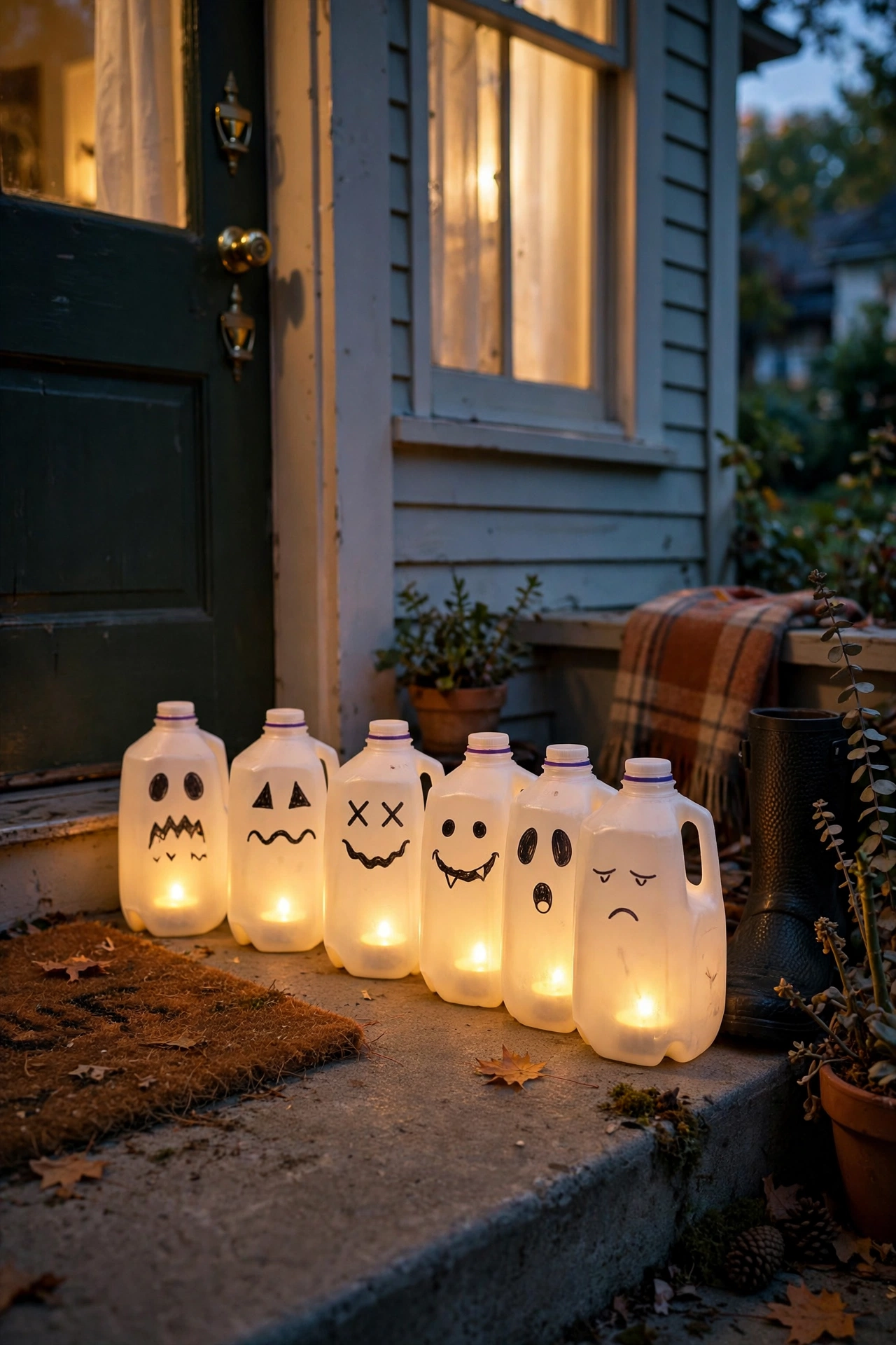 Glowing milk jug ghost lanterns lined along a front step at dusk