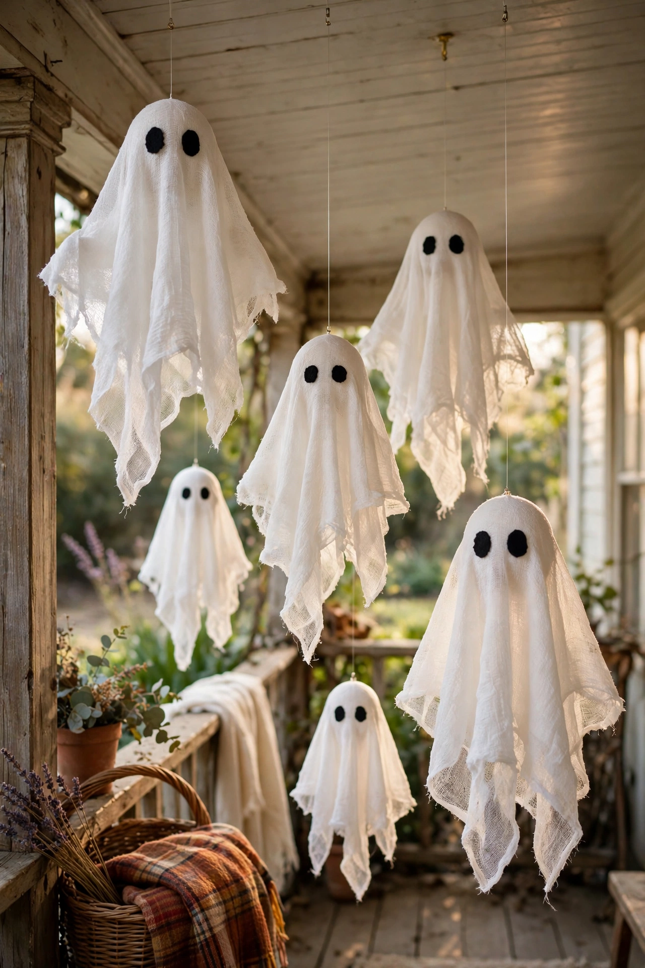Cheesecloth ghosts hanging from a porch ceiling