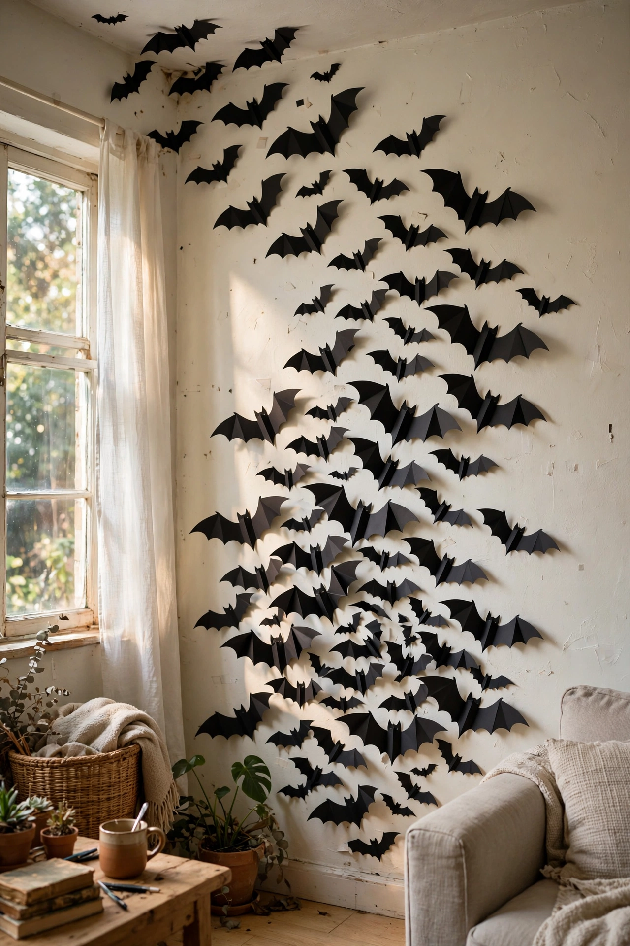 Black paper bat cutouts swarming up a living room wall