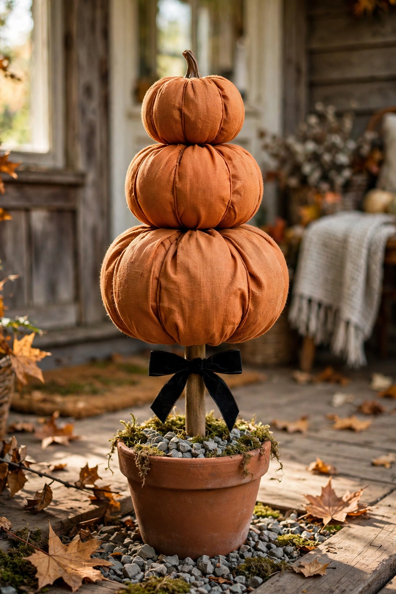 Stacked foam pumpkin topiary in a plant pot on a porch
