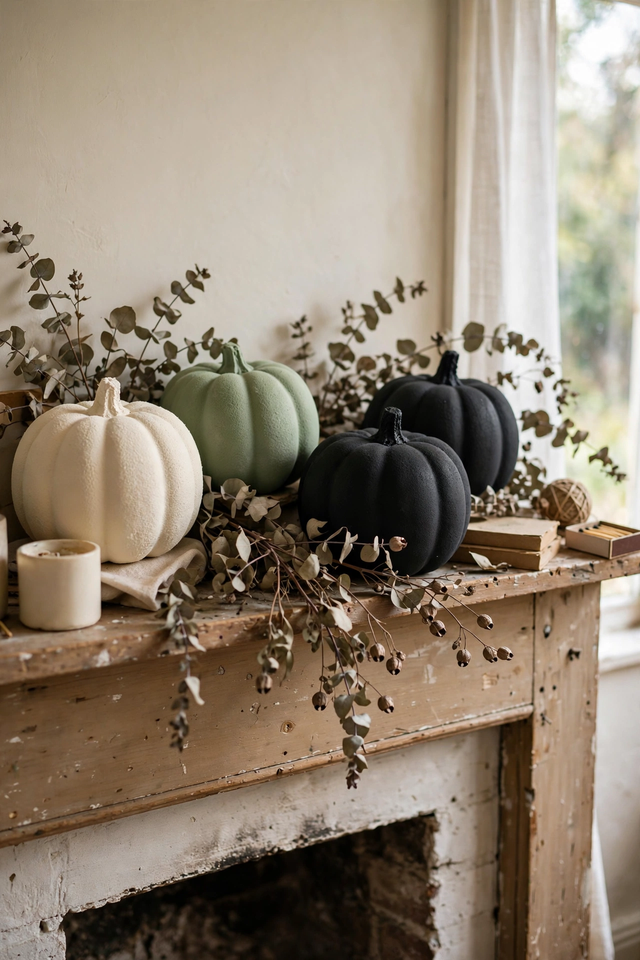 Spray-painted foam pumpkins in cream sage and black on a mantel