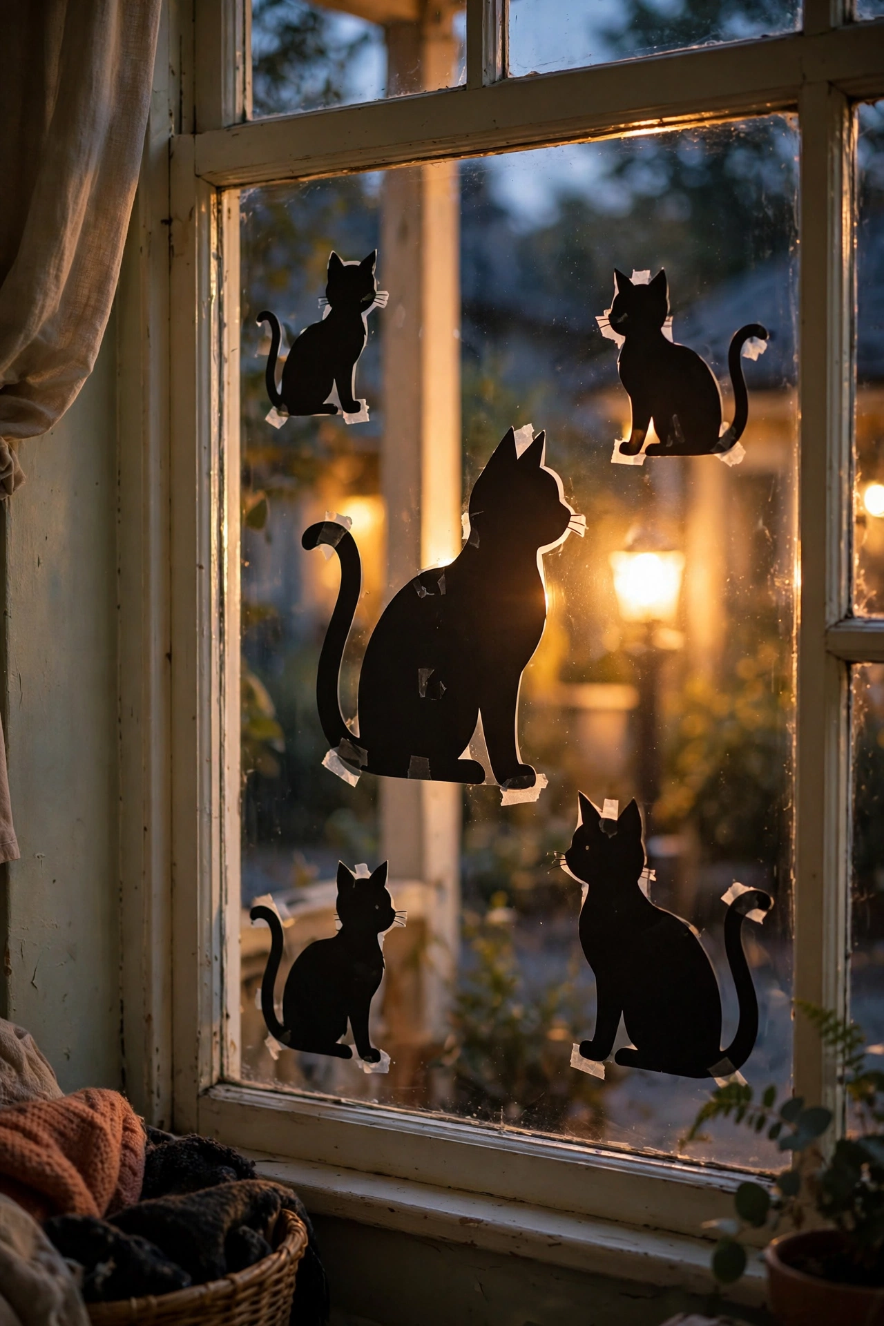 Black cat silhouette paper cutouts in a front window at dusk