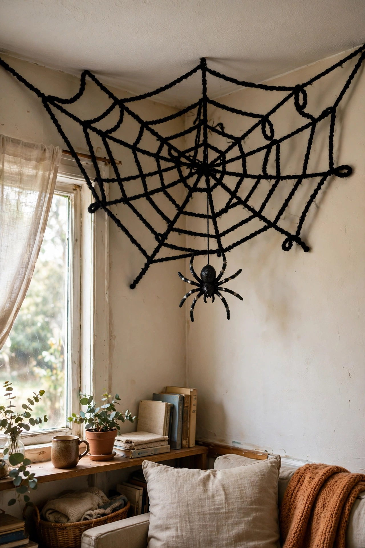 Large black yarn spider web woven across a ceiling corner