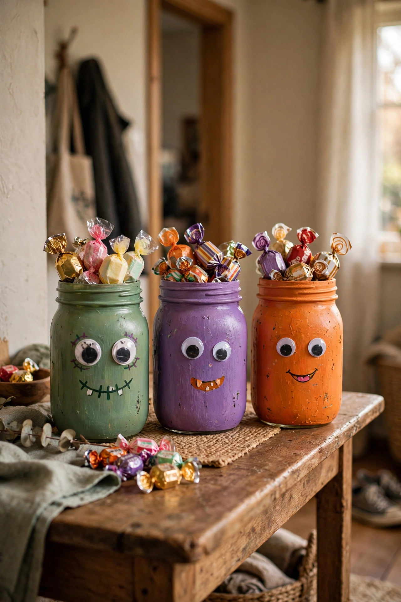 Mason jars painted as colourful monsters filled with sweets