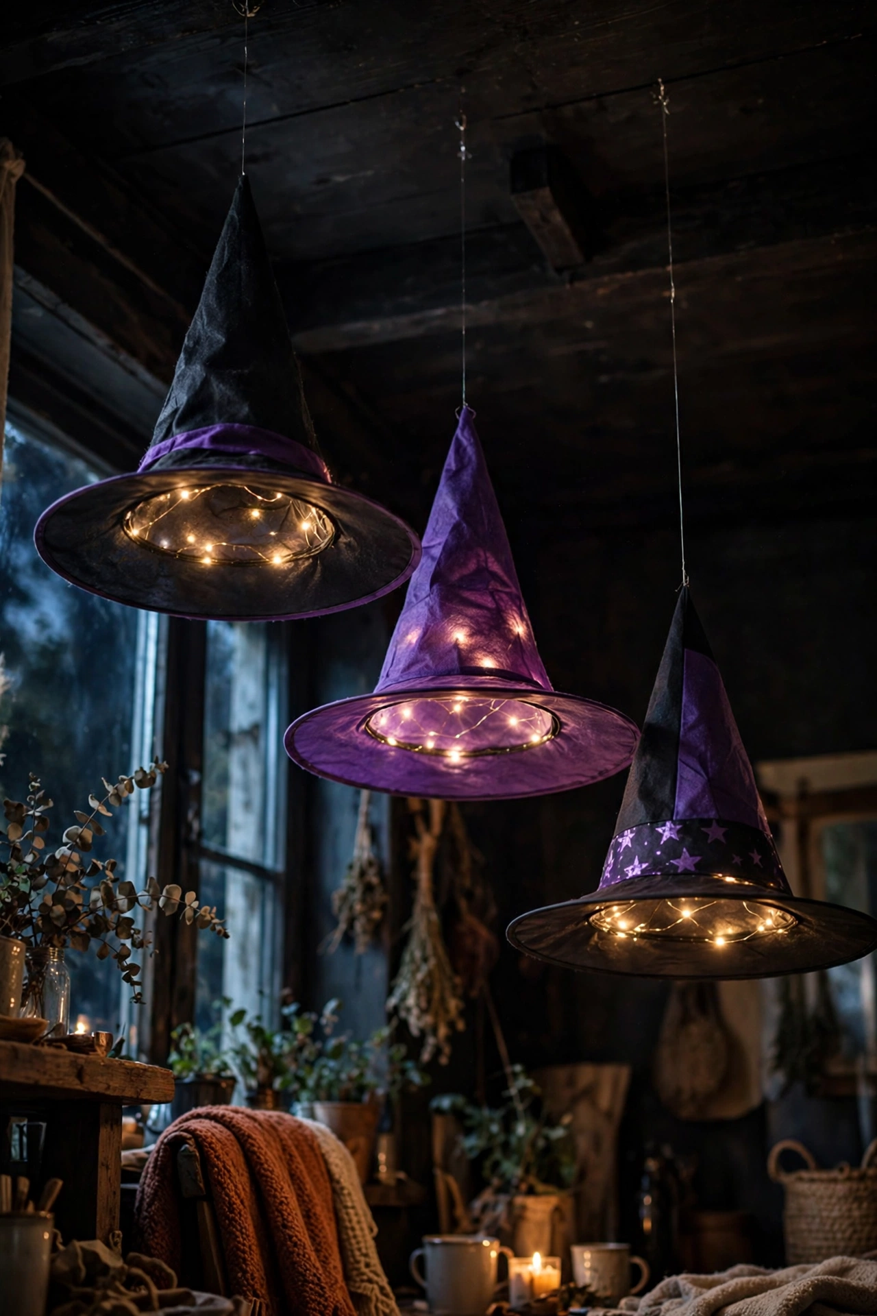 Witch hats with fairy lights hanging from a ceiling at night