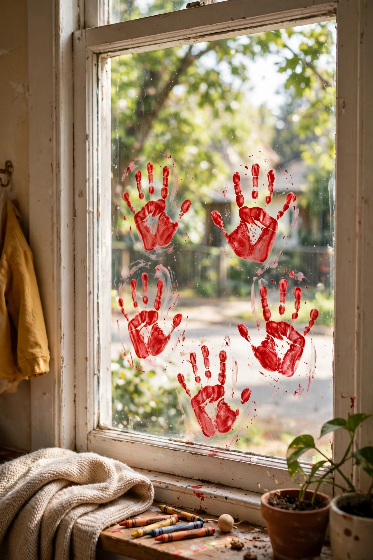 Red handprint stamps on the inside of a front window