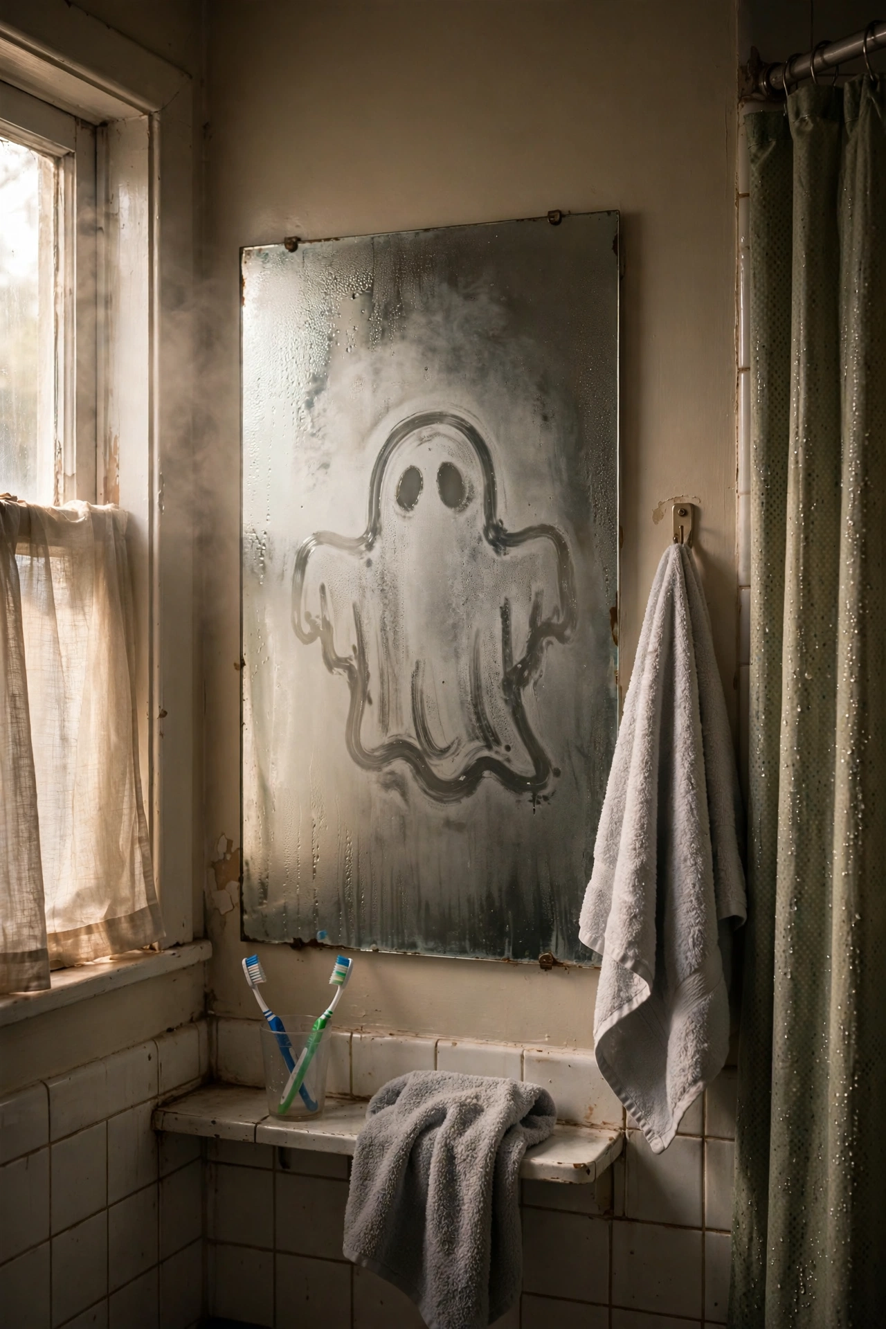 Spooky message appearing on a steamed bathroom mirror