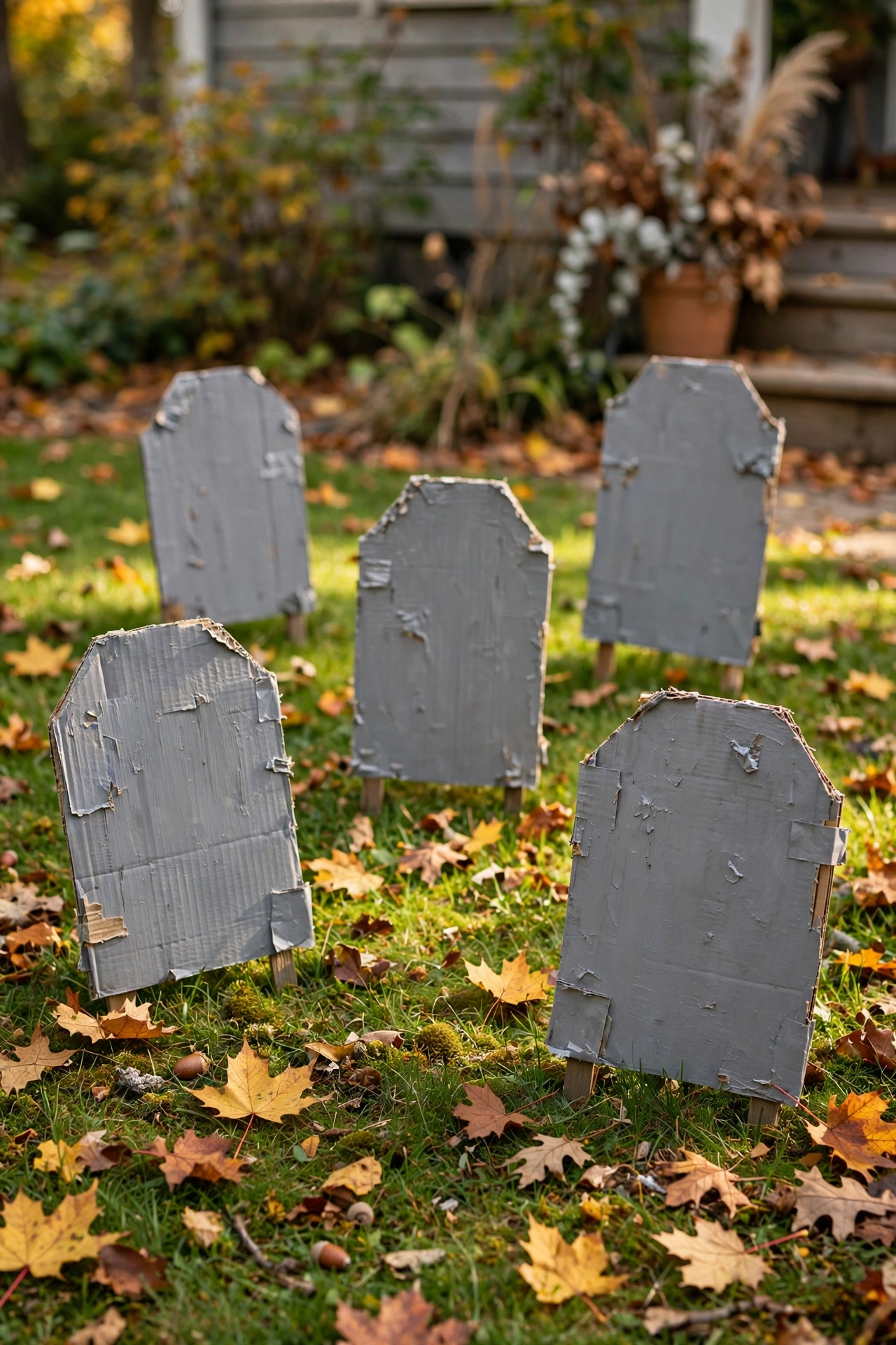 Cardboard tombstones with funny epitaphs in a front garden