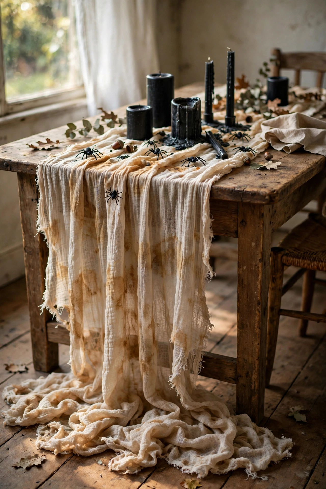 Tea-stained gauze table runner with black candles on a dining table
