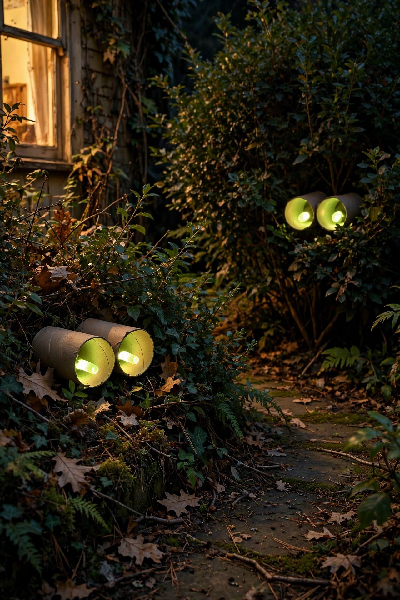Glowing cardboard eyes hidden in dark garden bushes at night